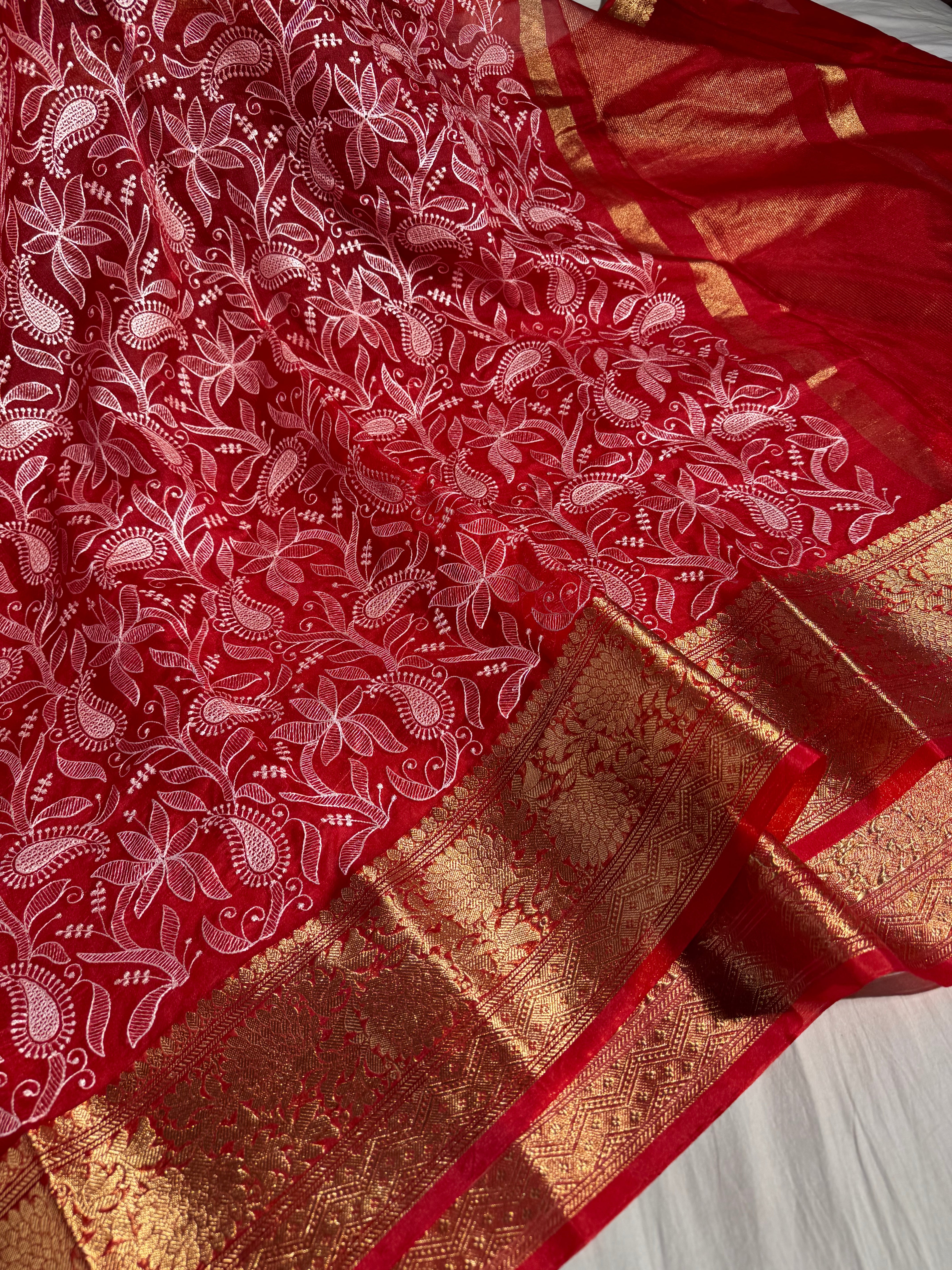 Bridal Red Organza Silk Chikankari Work Banarasi Saree