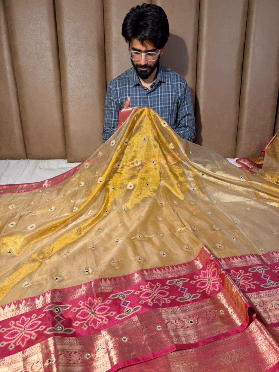 Ikkat Border Copper Tissue Silk Mirror Work Saree