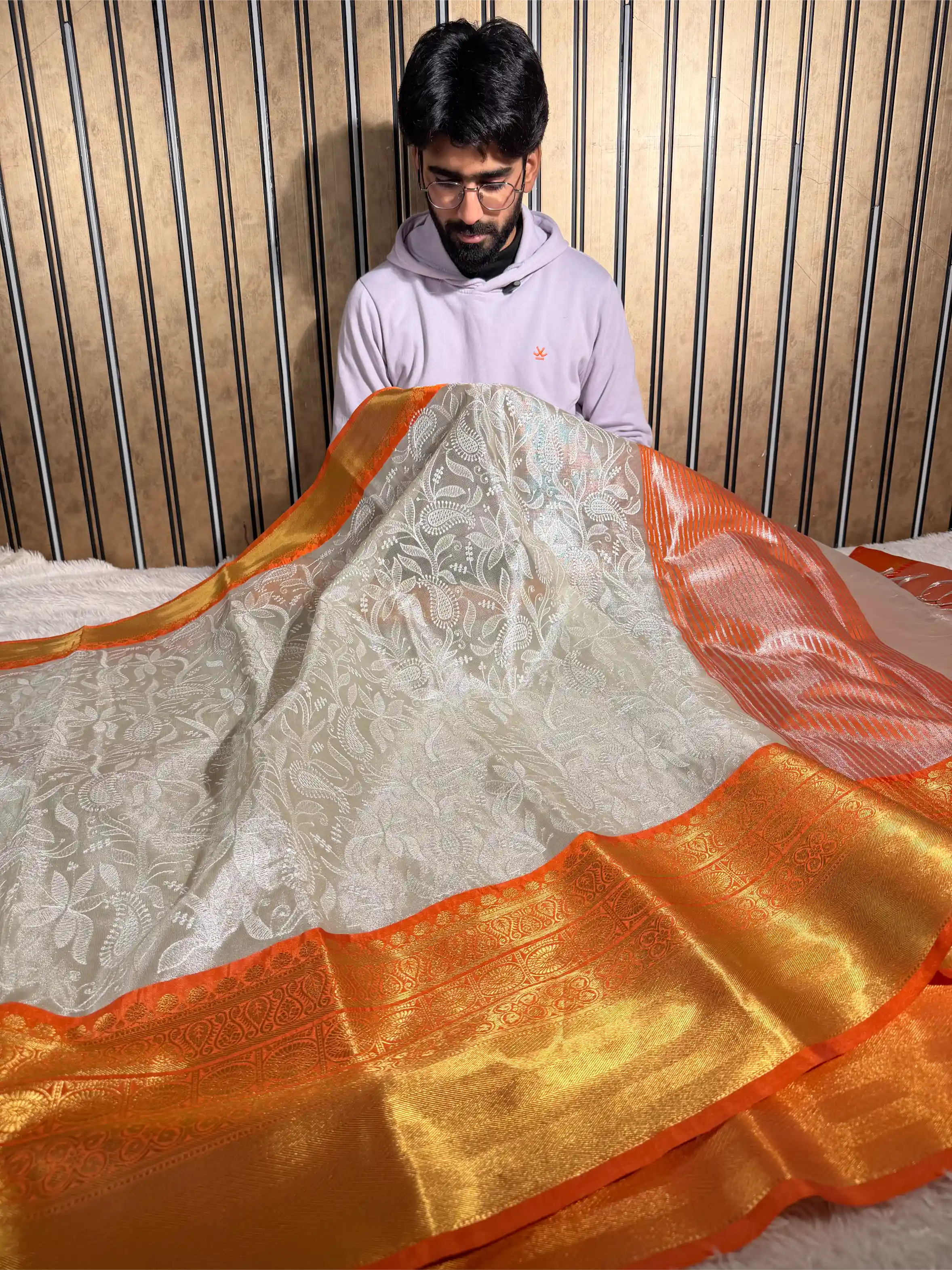 Ivory Contrast Katan Tissue Silk Water Zari Chikankari Embroidered Banarasi Saree