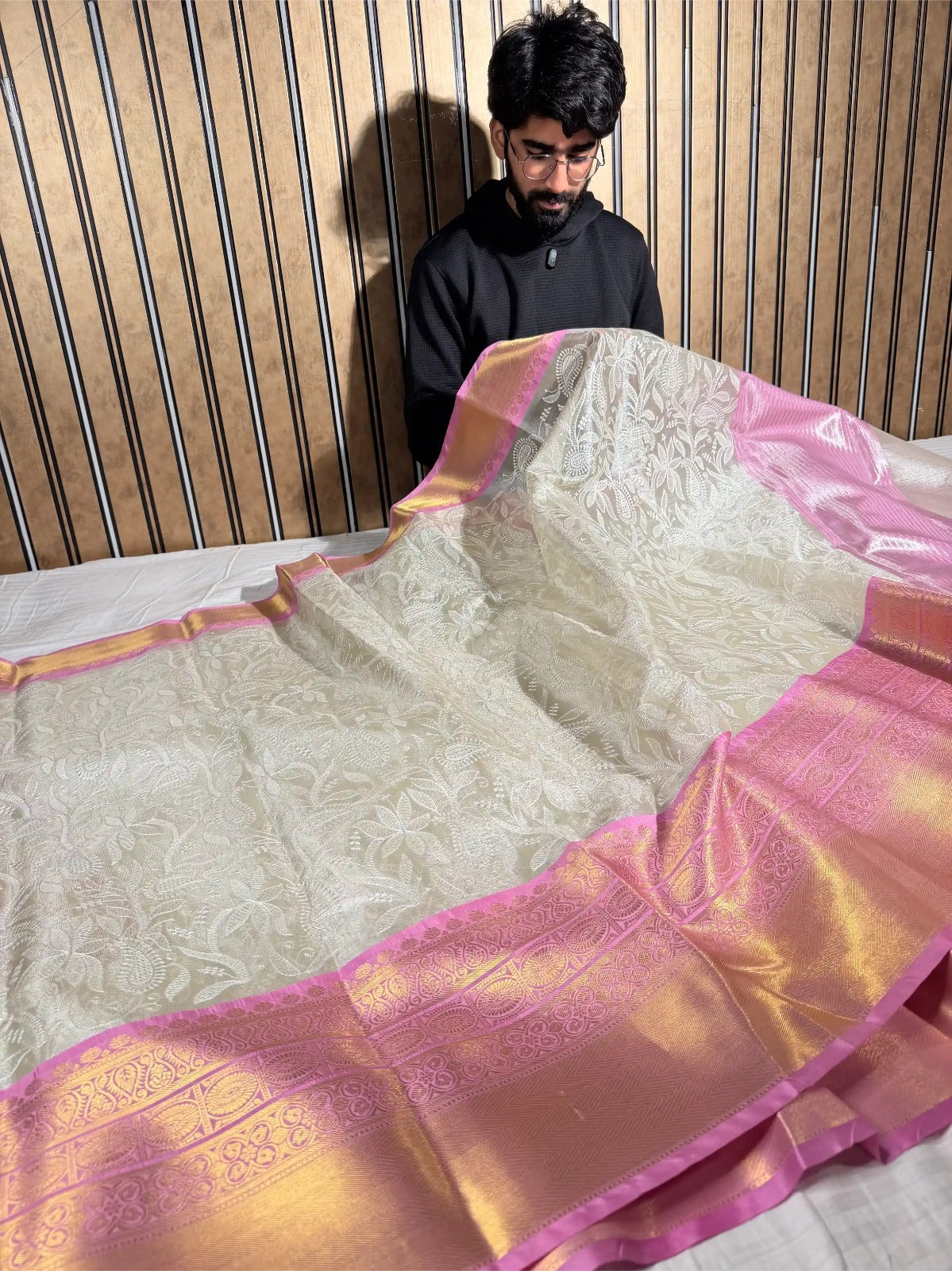 Ivory Contrast Katan Tissue Silk Water Zari Chikankari Embroidered Banarasi Saree