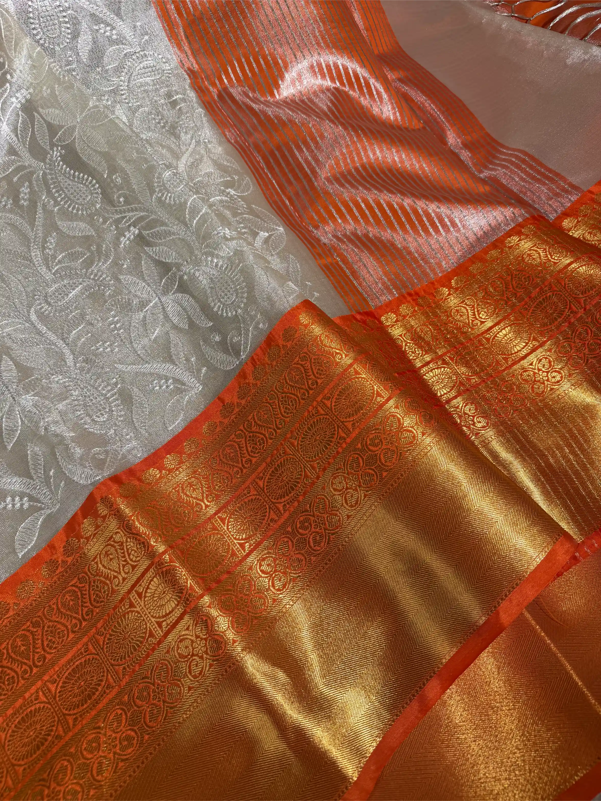 Ivory Contrast Katan Tissue Silk Water Zari Chikankari Embroidered Banarasi Saree
