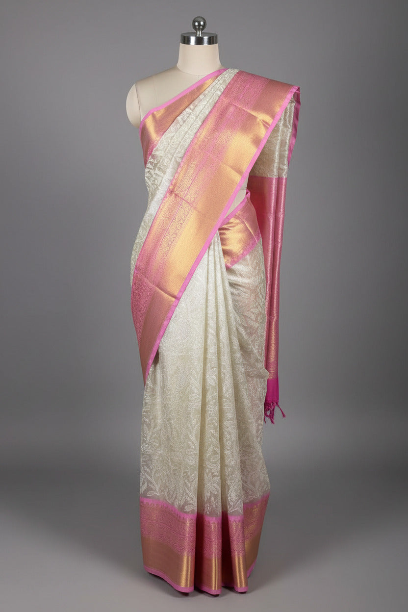 Ivory Contrast Katan Tissue Silk Water Zari Chikankari Embroidered Banarasi Saree
