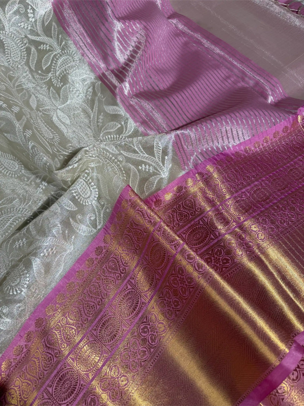 Ivory Contrast Katan Tissue Silk Water Zari Chikankari Embroidered Banarasi Saree