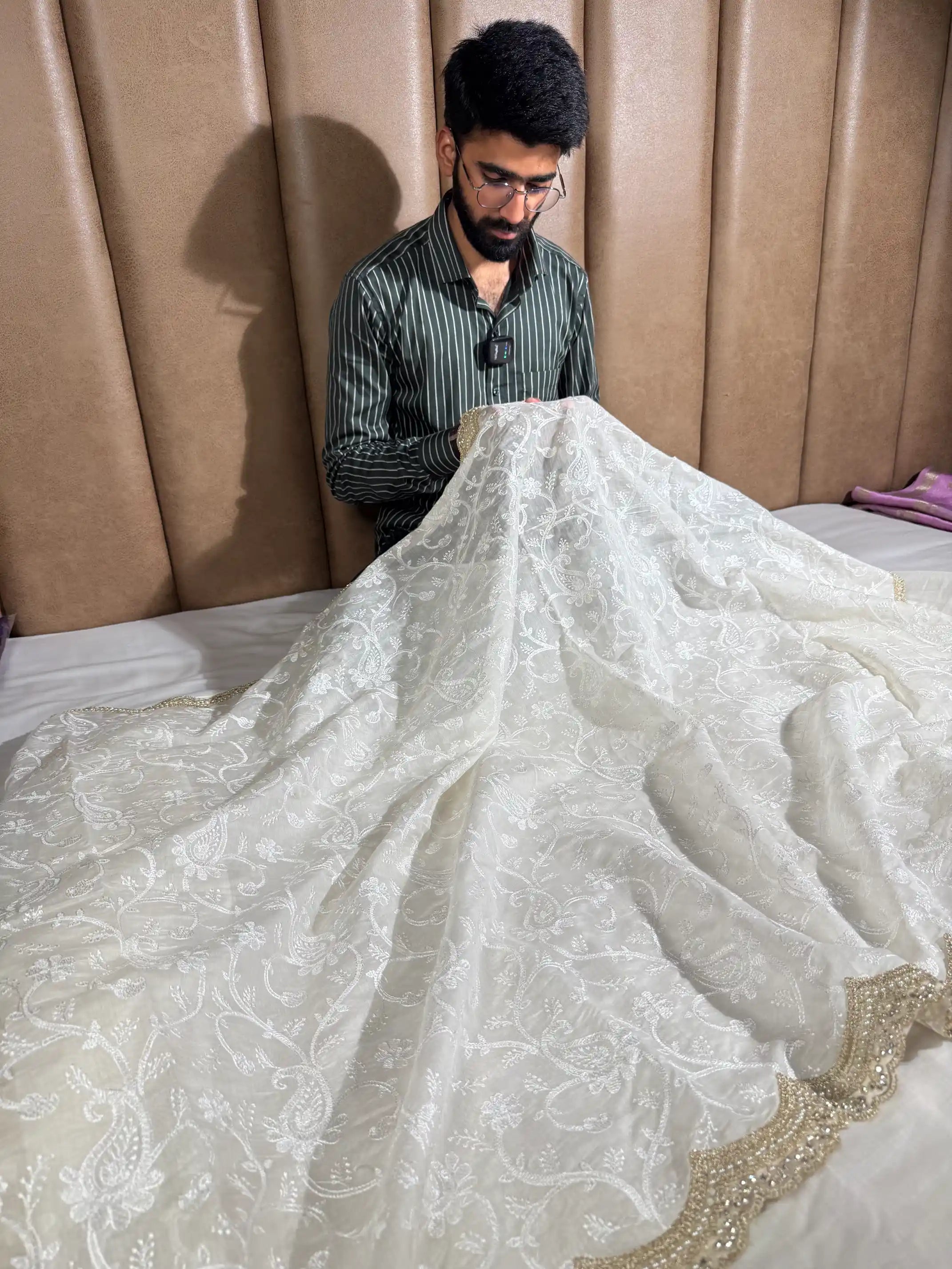 Ivory Cream Pure Mul Chanderi Chikankari Embroidery Saree