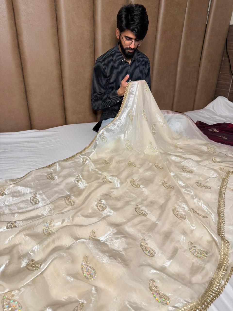 Ivory Cream Shade Shimmery Tissue Silk Handwork Saree