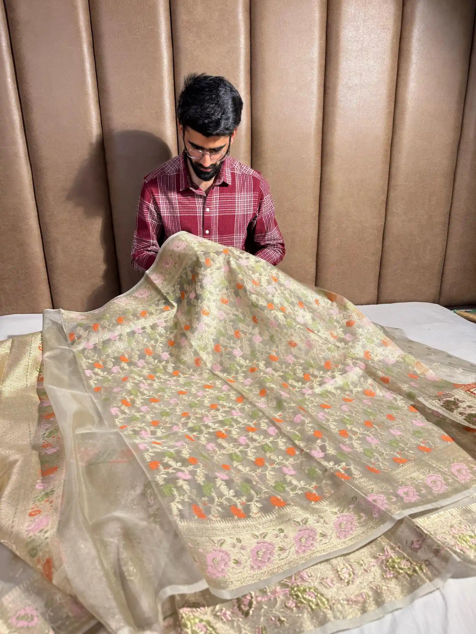 Ivory Gold Tissue Silk Zari Buti Weave Banarasi Saree