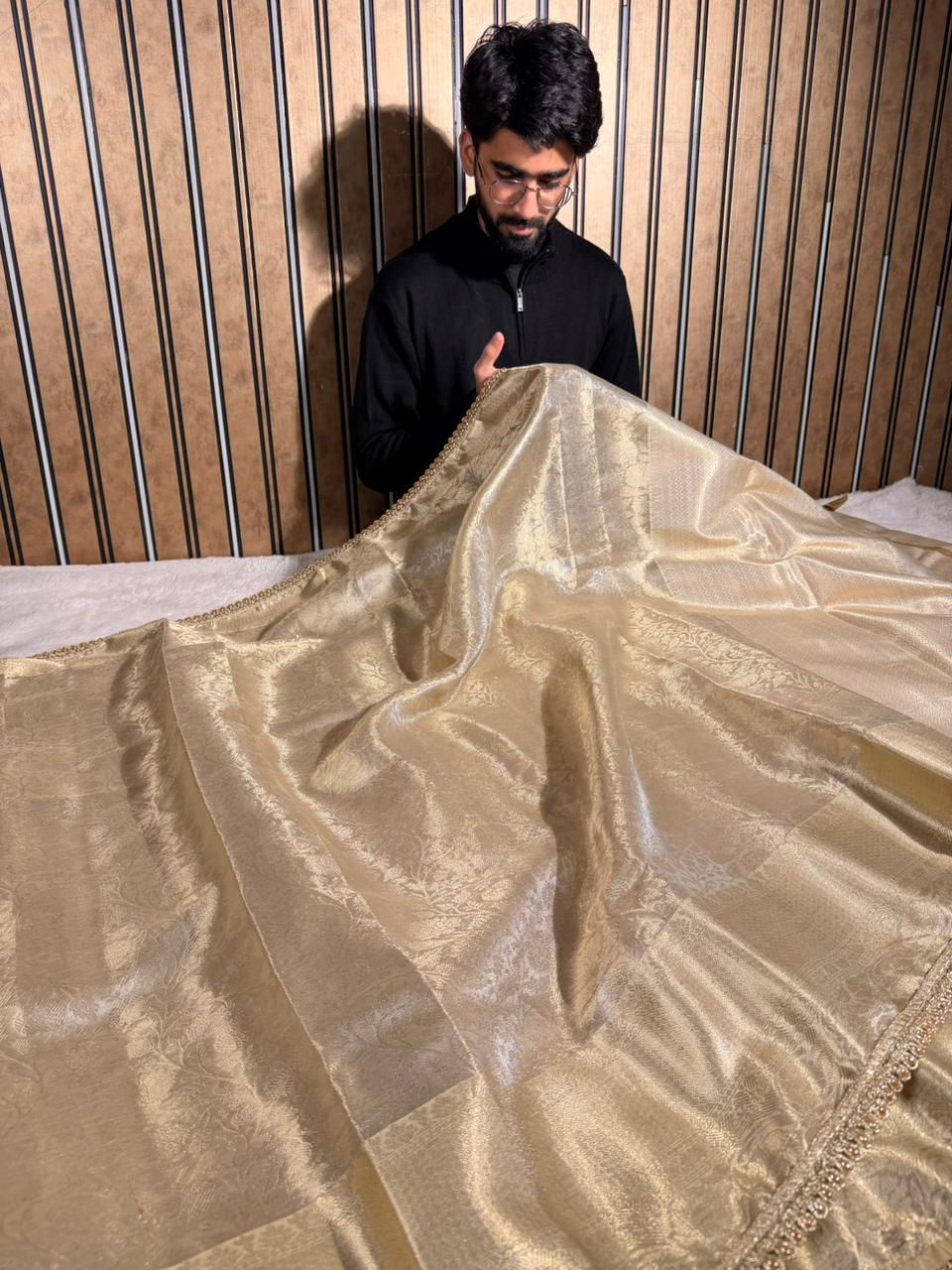 Ivory Kanjivaram Tissue Silk Designer Lace Attached Banarasi Saree