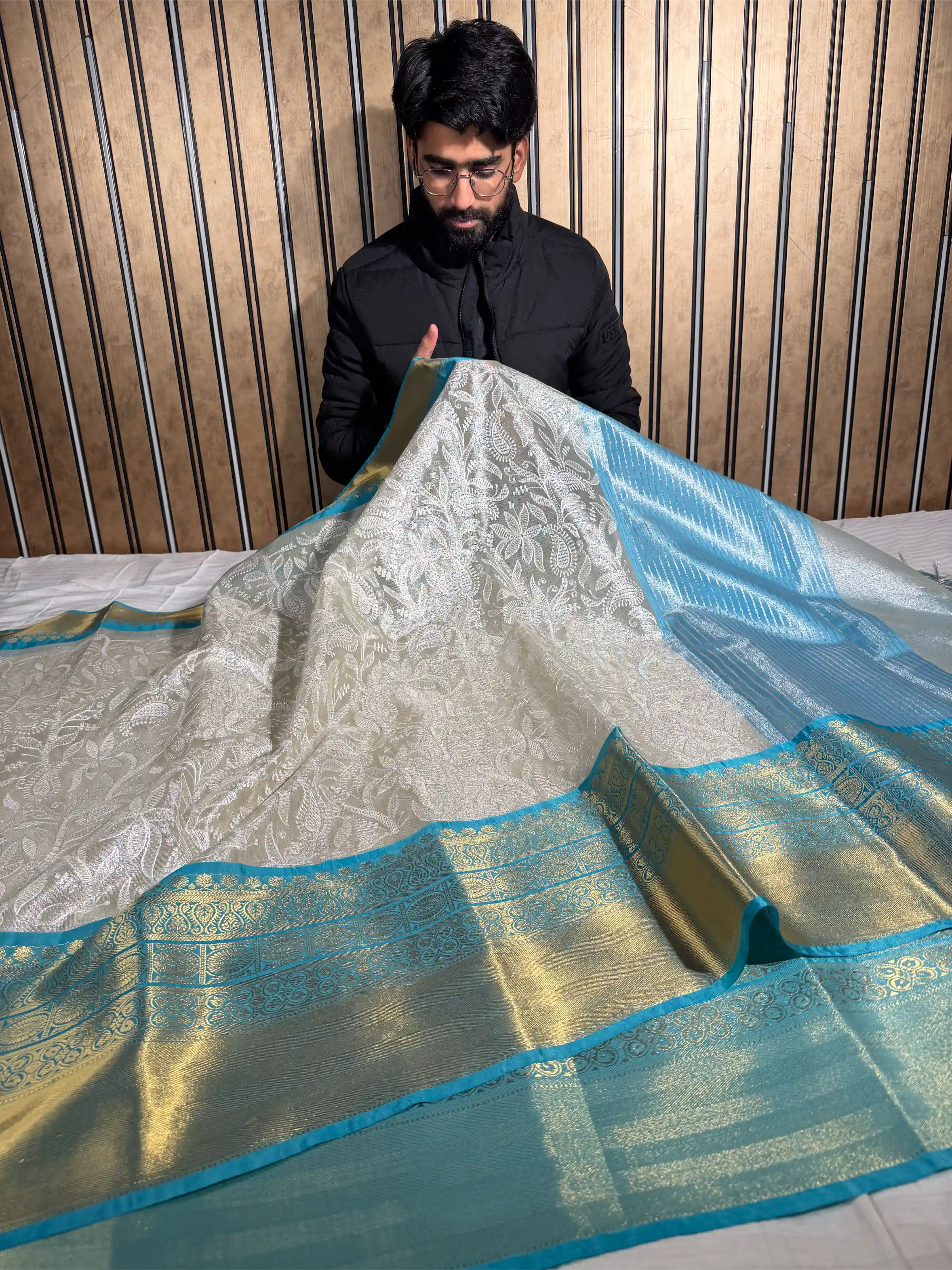 Ivory Katan Tissue Silk Water Zari Chikankari Embroidered Banarasi Saree