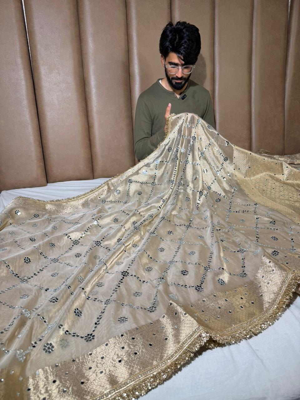 Ivory Kora Tissue Mirror Work Banarasi Saree