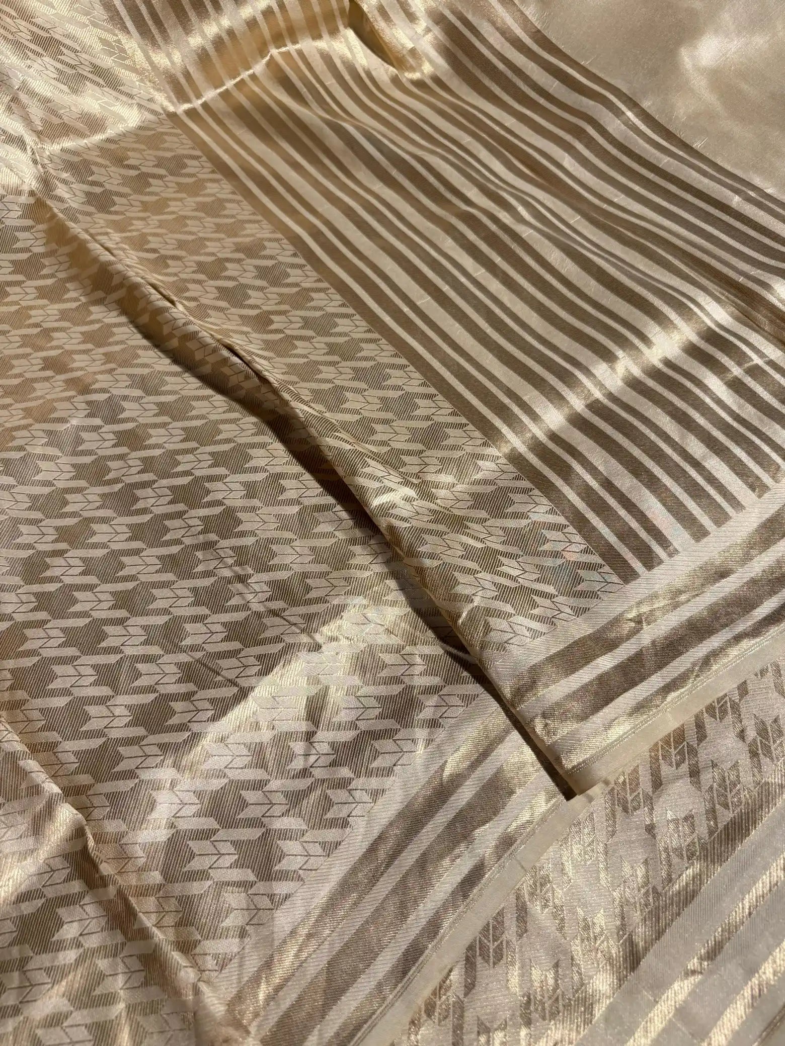 Ivory Pure Katan Silk Contemporary Weave Banarasi Saree