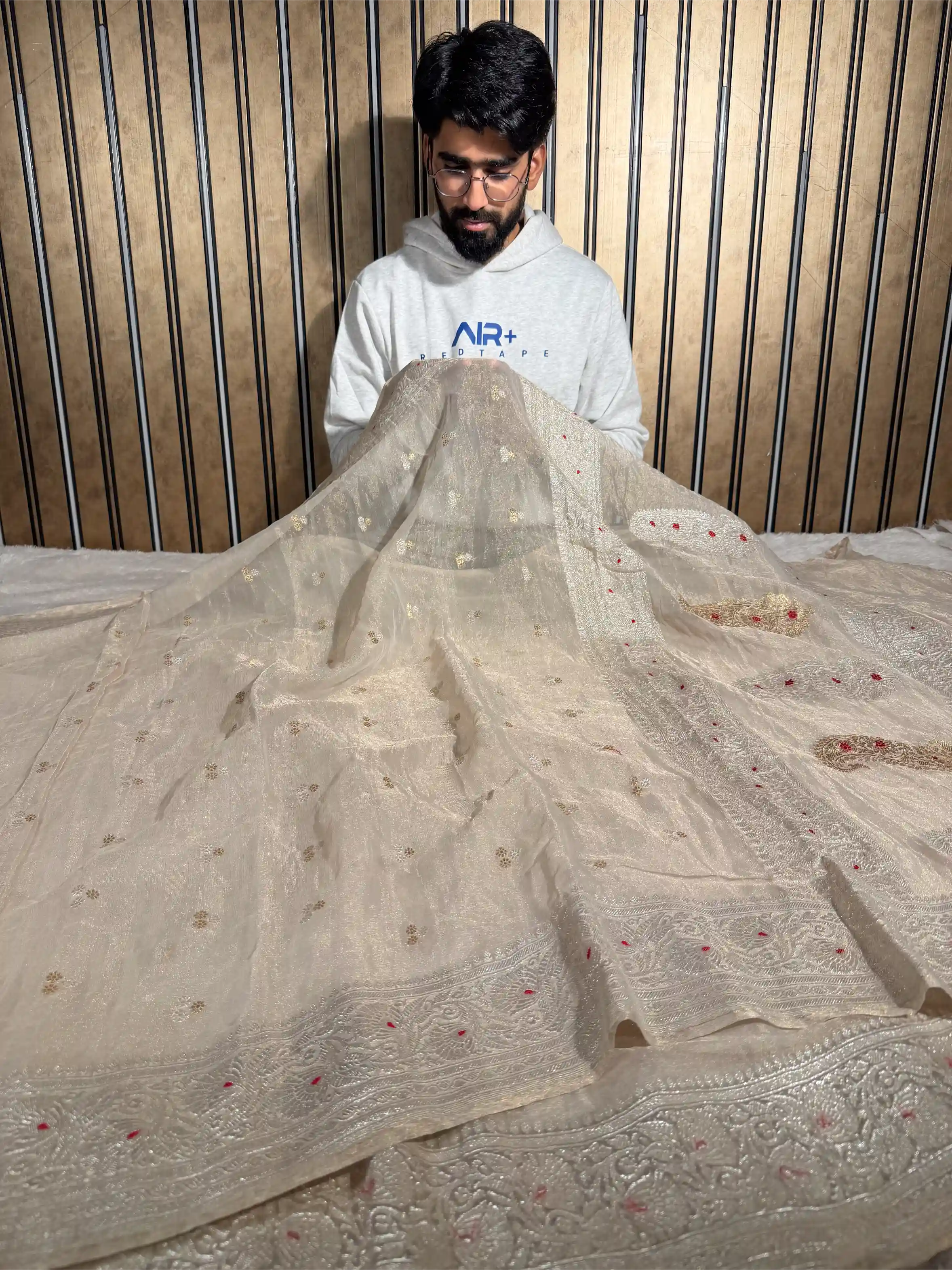 Ivory Pure Khaddi Tissue Silk Natural Handwoven Banarasi Saree