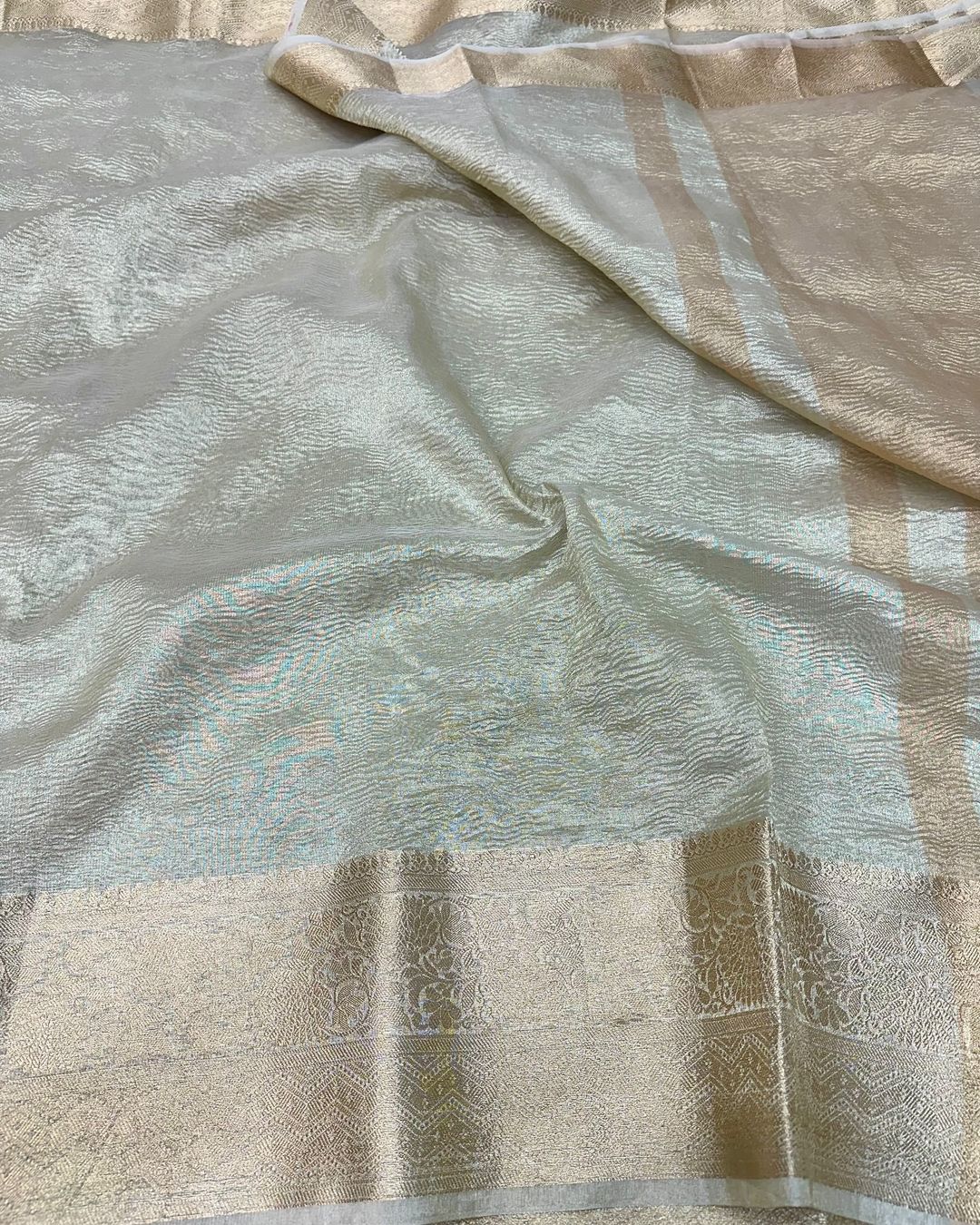 Ivory Gold Shade Soft Tissue Silk Crush Texture Banarasi Saree