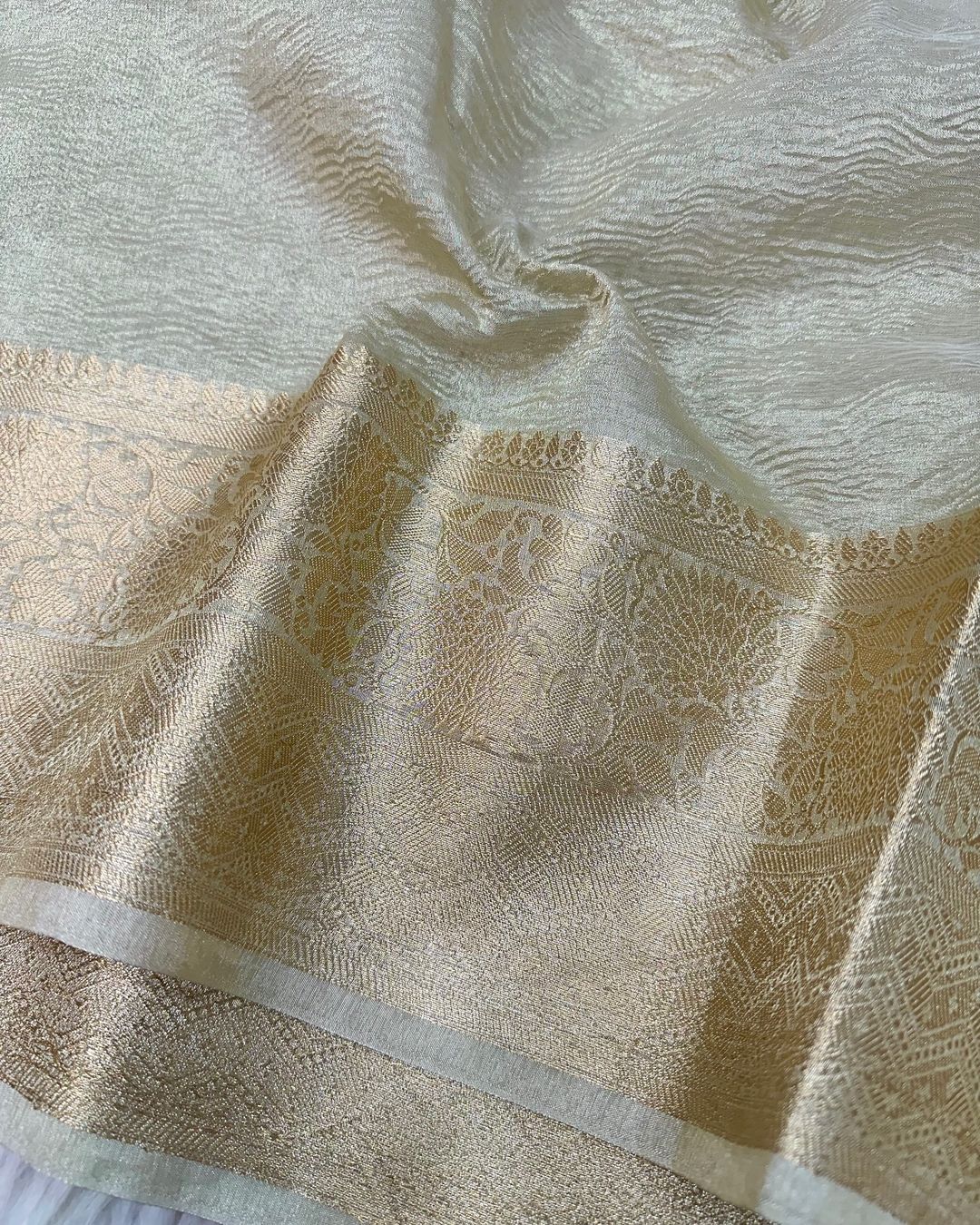 Ivory Gold Shade Soft Tissue Silk Crush Texture Banarasi Saree