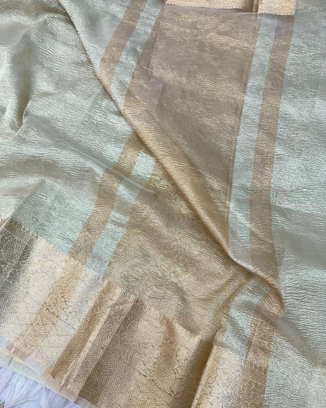 Ivory Gold Shade Soft Tissue Silk Crush Texture Banarasi Saree