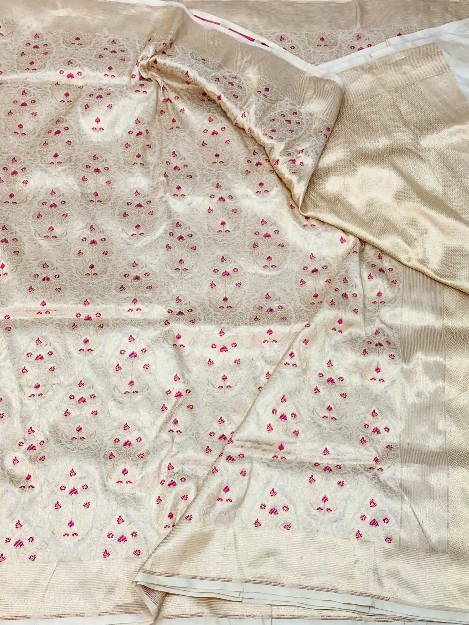 Ivory Shade Meenakari Pure Katan Silk Saree
