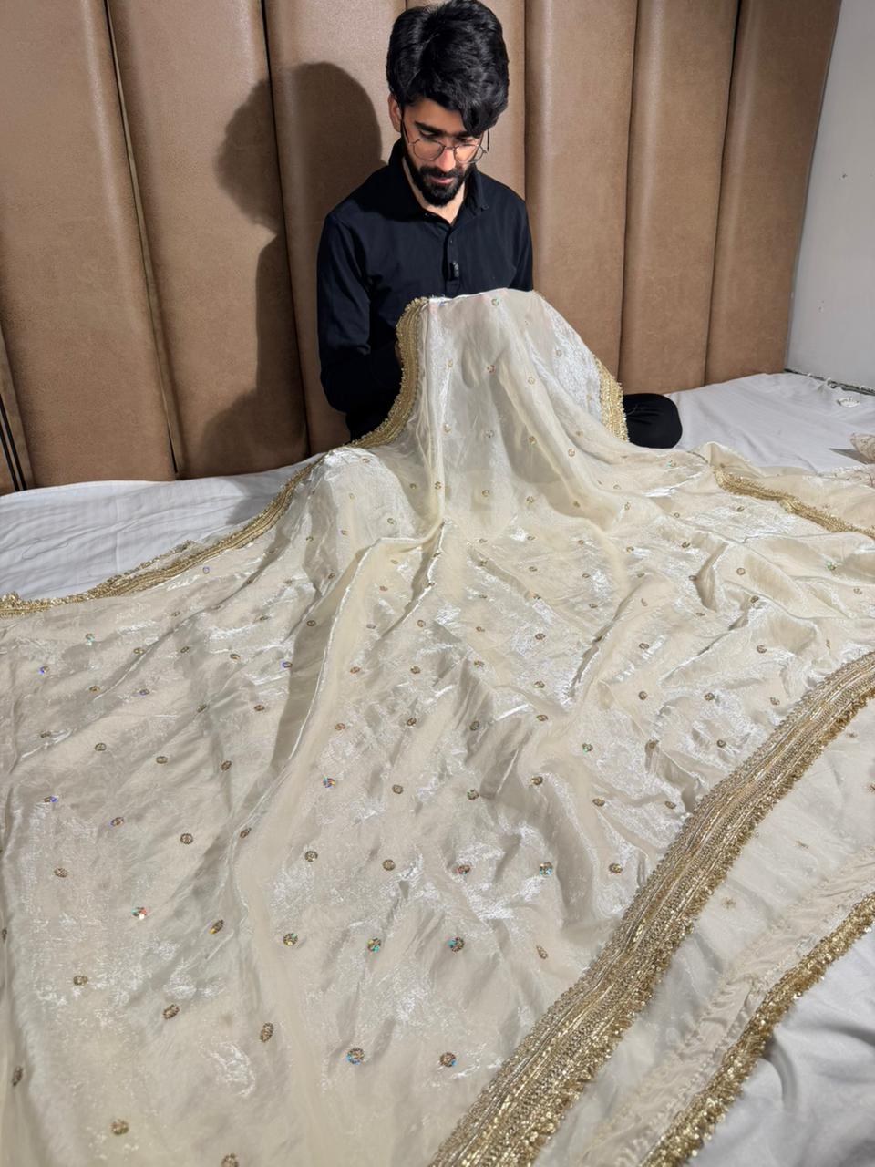 Ivory shimmery tissue silk designer saree