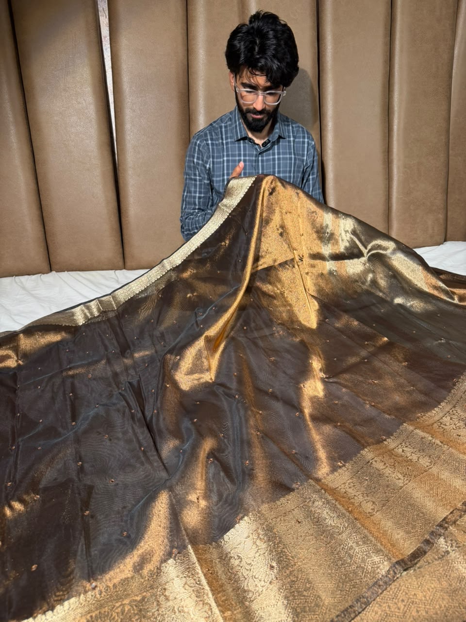 Metallic Brown Kora Tissue Mirror Work Saree