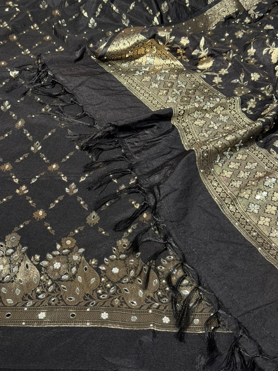 Jet Black Chinia Silk Banarasi Mirror Work Suit