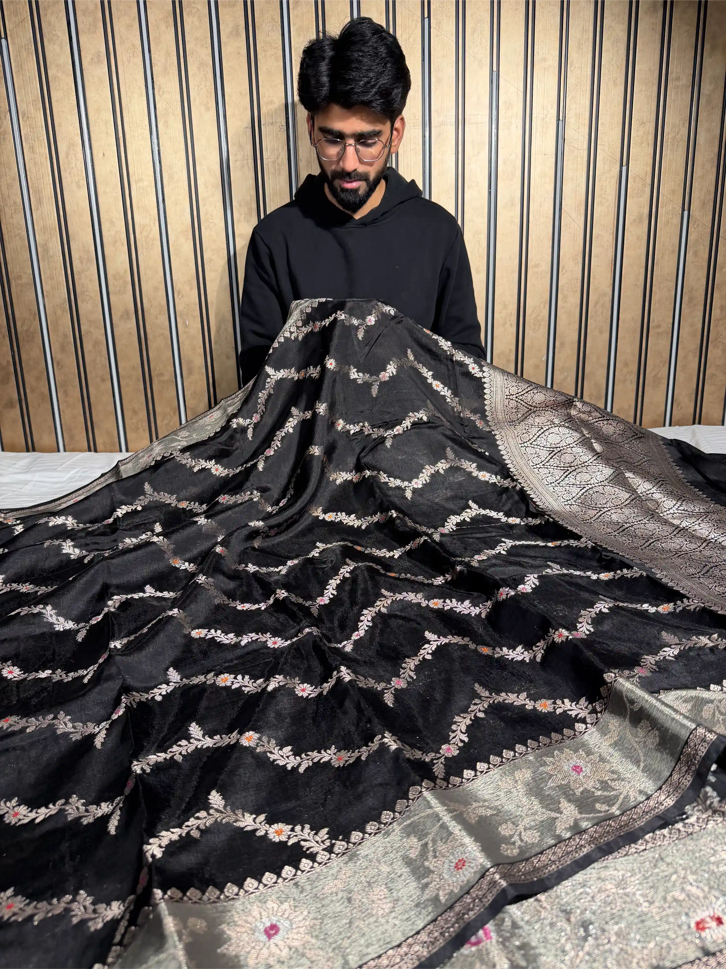 Jet Black Chinia Silk Heritage Leheriya Meenakari Weave Banarasi Saree