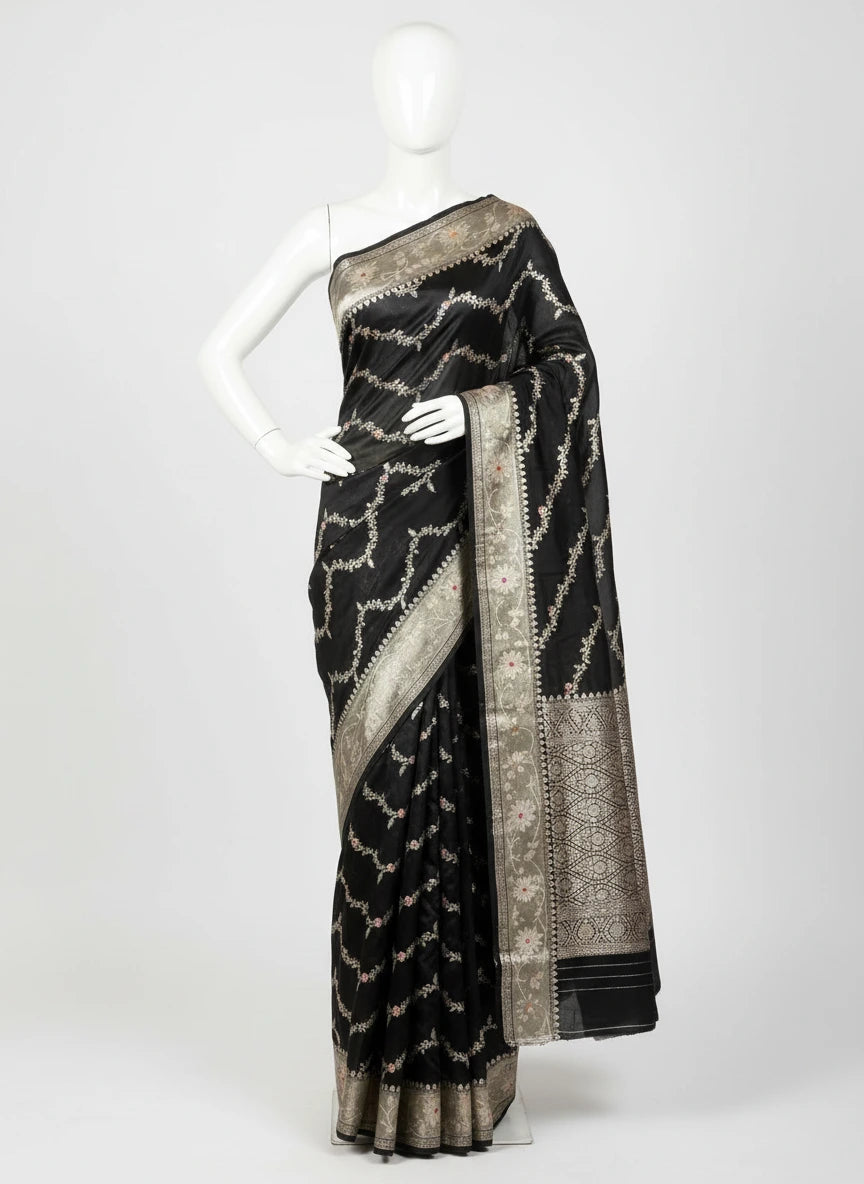 Jet Black Chinia Silk Heritage Leheriya Meenakari Weave Banarasi Saree