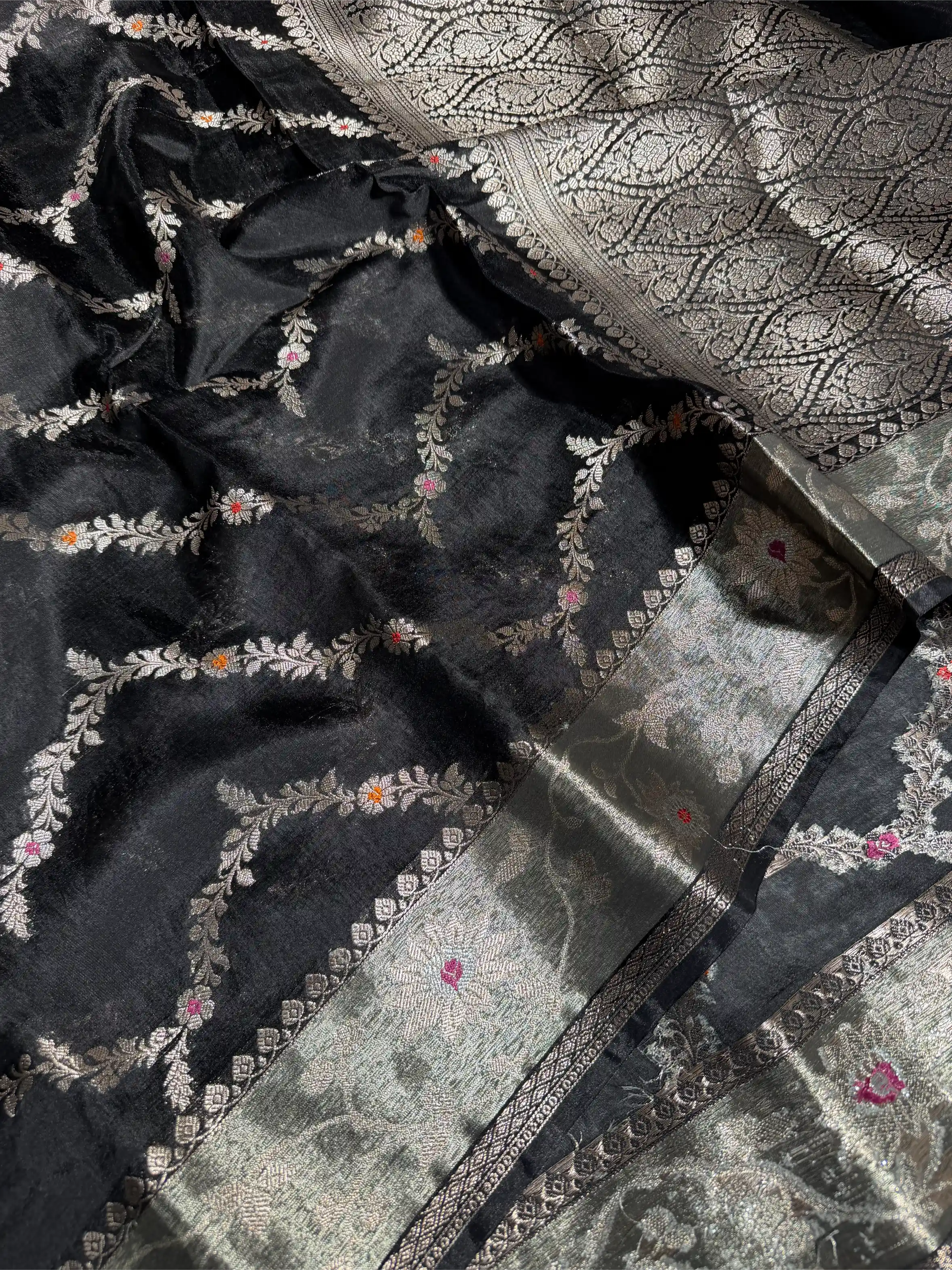 Jet Black Chinia Silk Heritage Leheriya Meenakari Weave Banarasi Saree