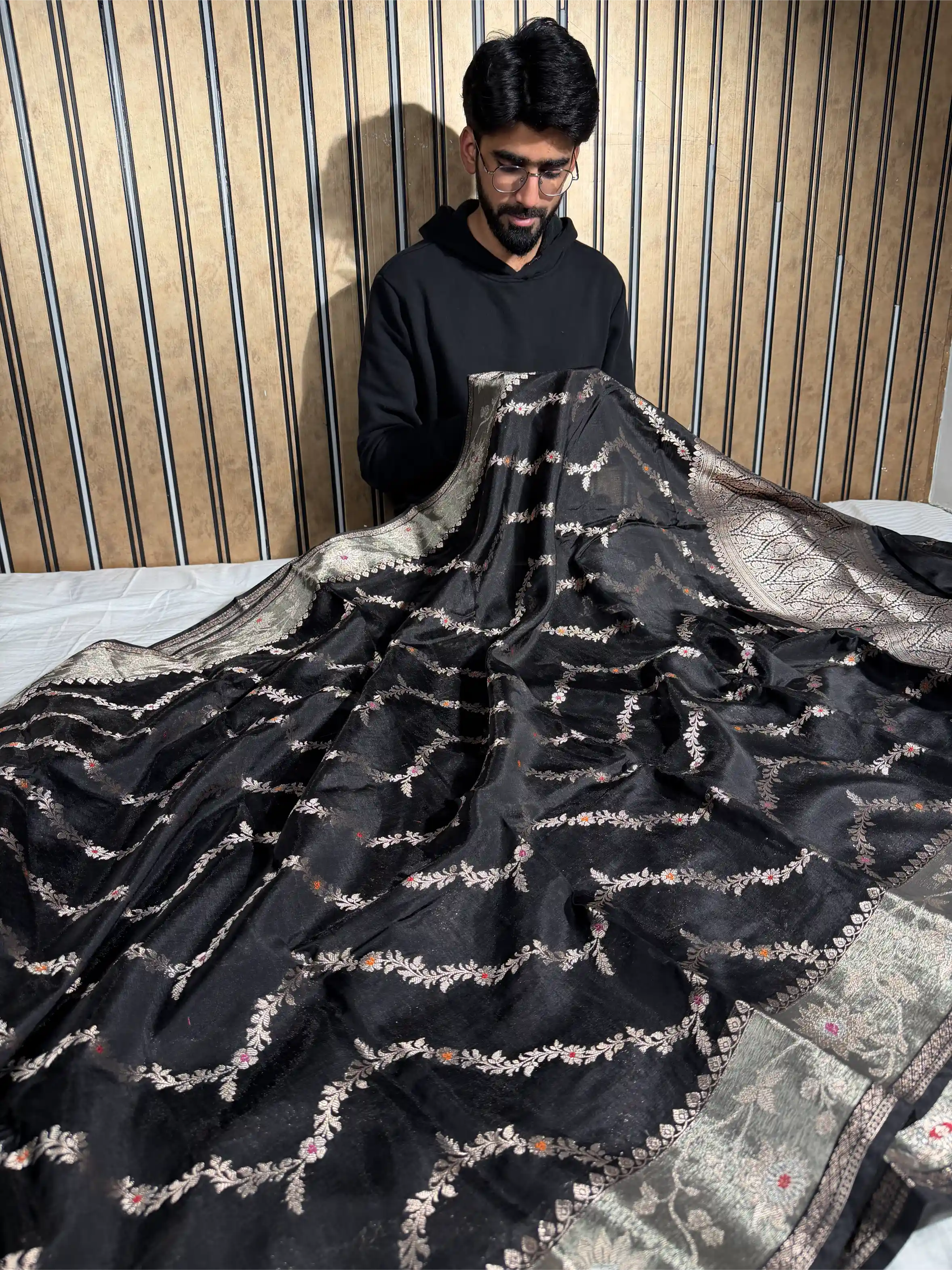 Jet Black Chinia Silk Heritage Leheriya Meenakari Weave Banarasi Saree