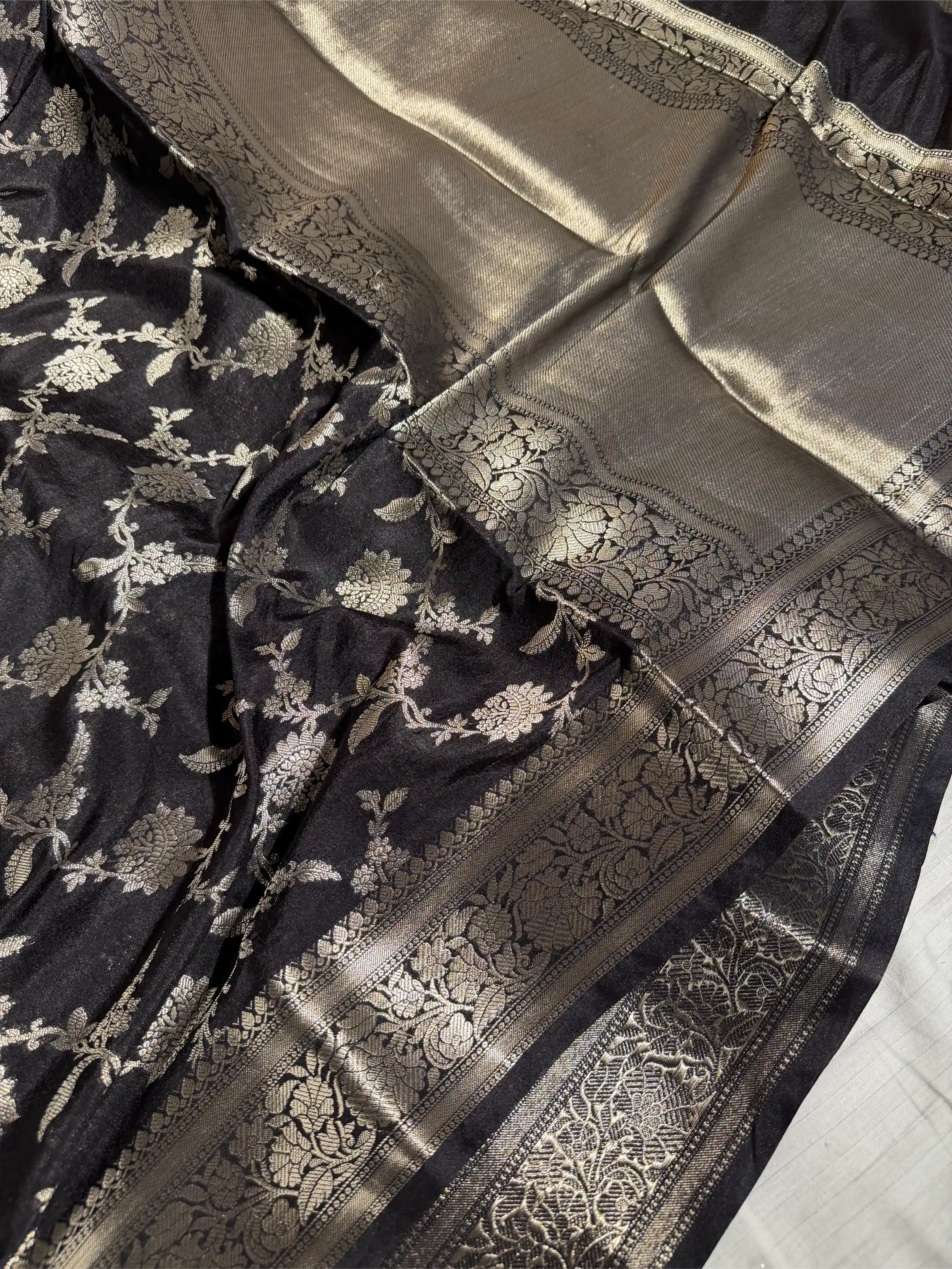 Jet Black Chiniya Silk Golden Zari Floral Weave Banarasi Saree