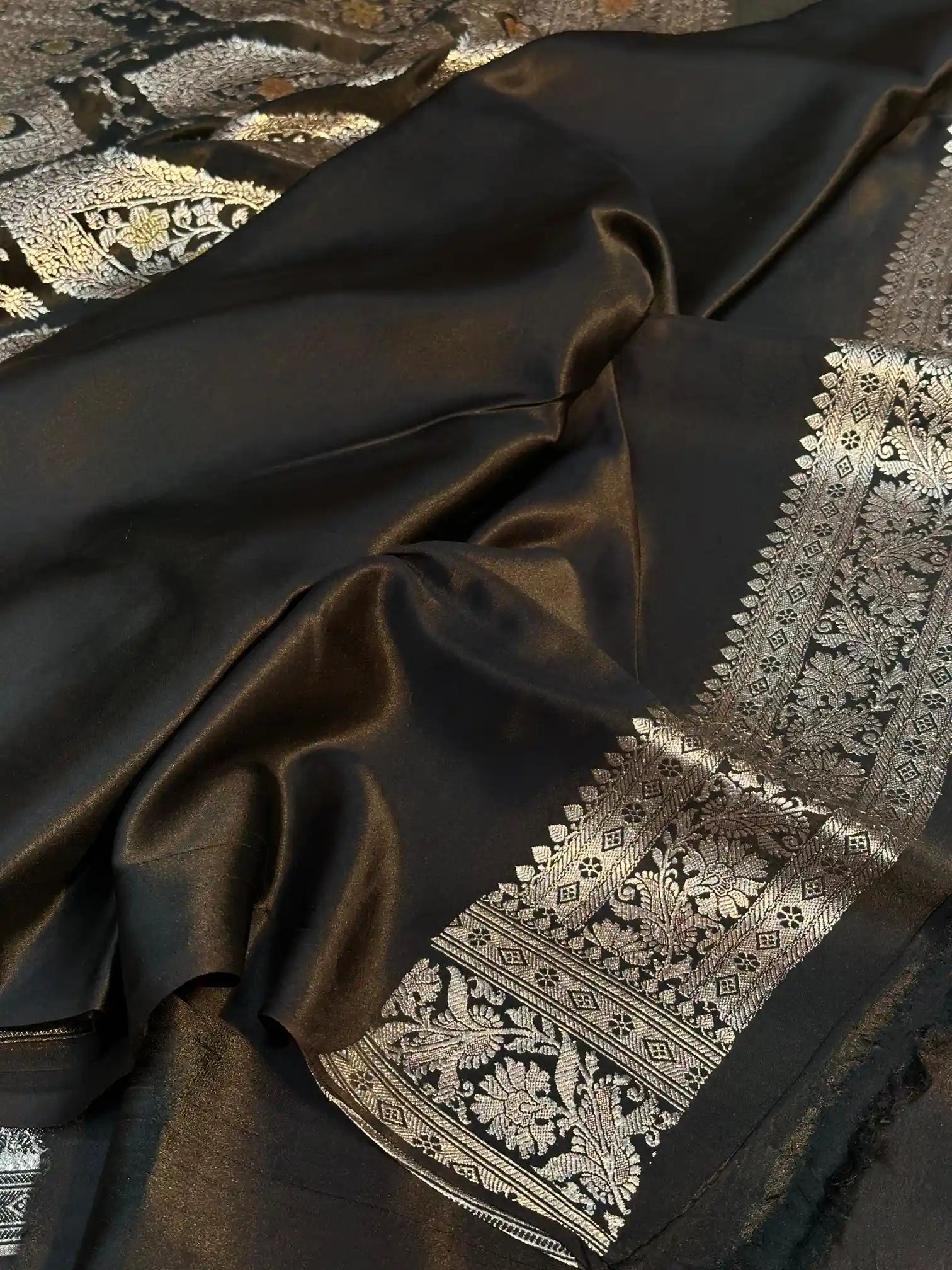 Jet Black Handbrush Dyed Mashru Silk Banarasi Saree