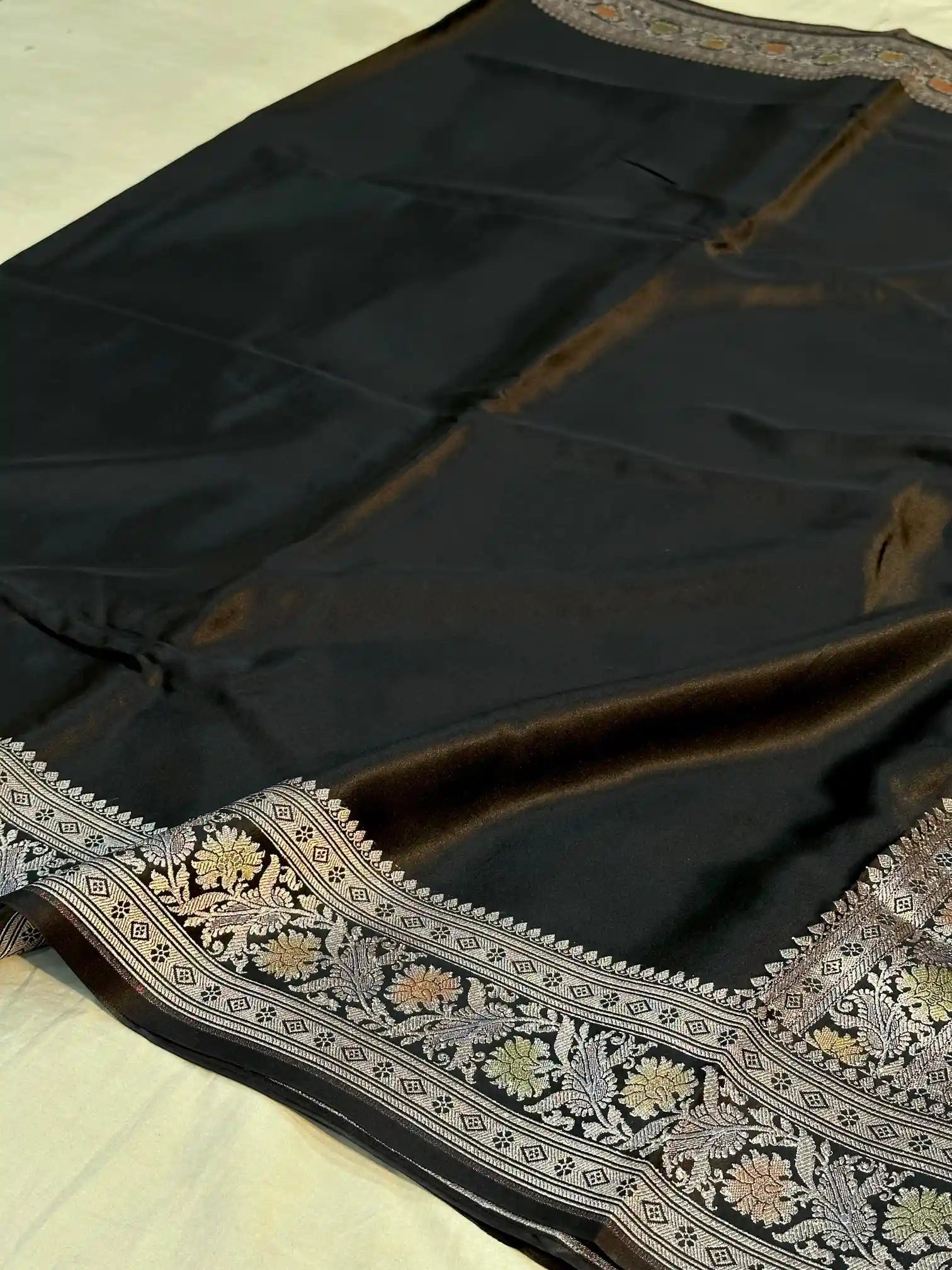 Jet Black Handbrush Dyed Mashru Silk Banarasi Saree