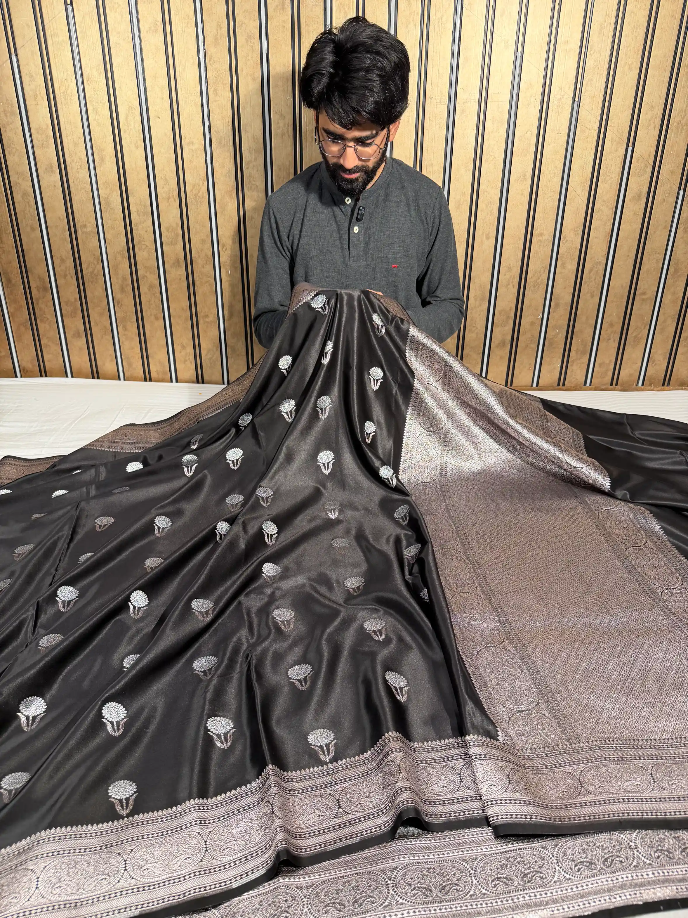 Jet Black Heritage Mashru Katan Silk Banarasi Saree