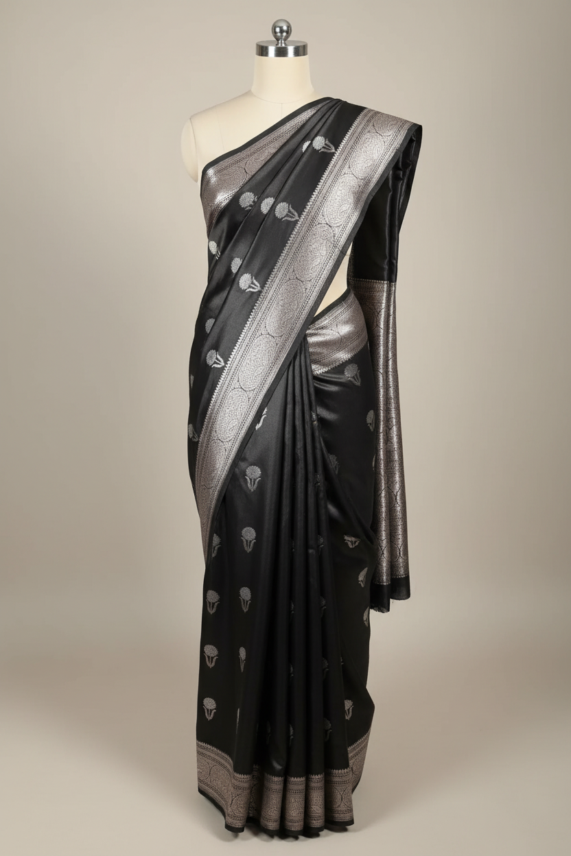Jet Black Heritage Mashru Katan Silk Banarasi Saree