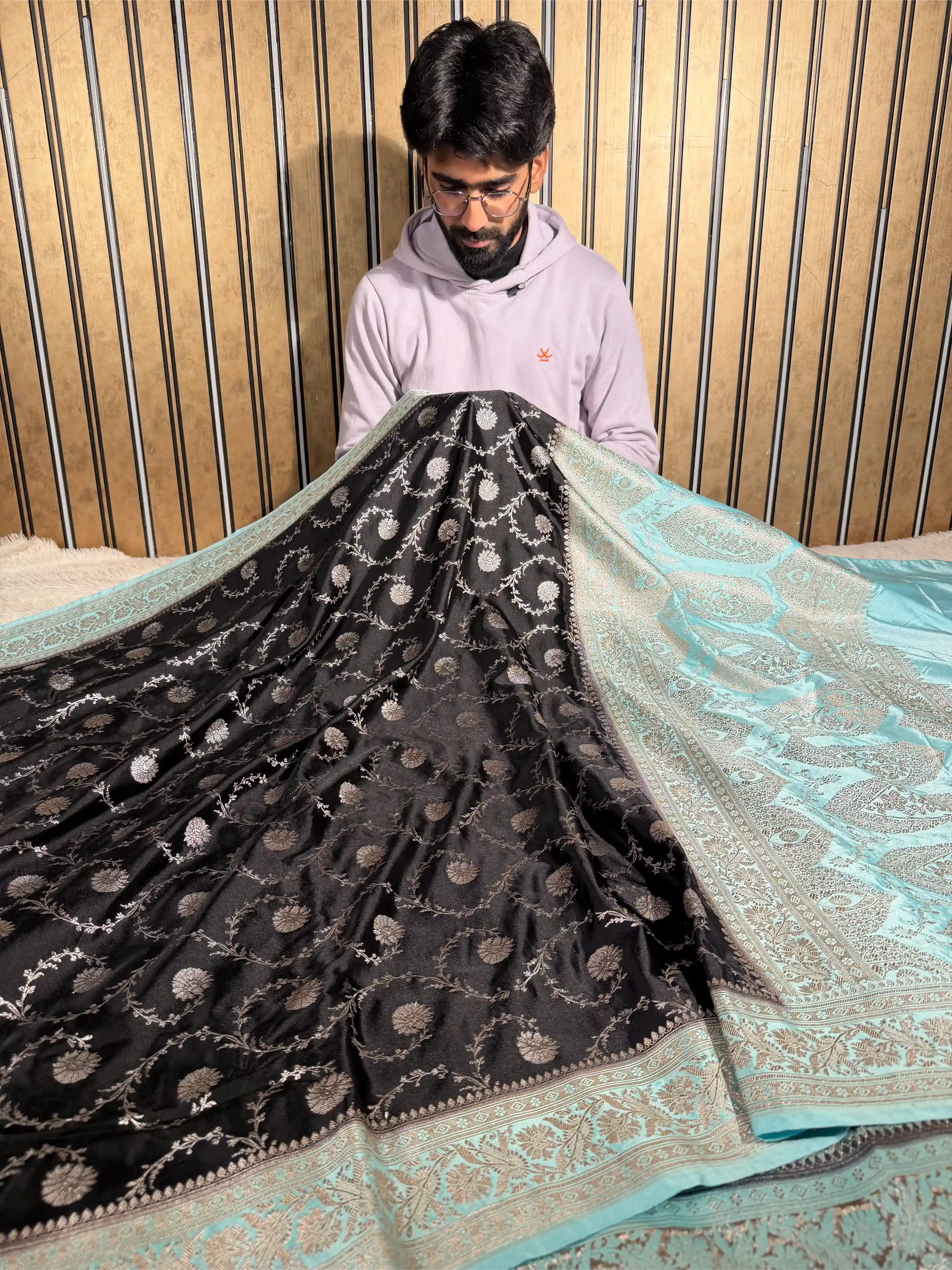 Jet Black Mashru Katan Silk Heritage Banarasi Saree