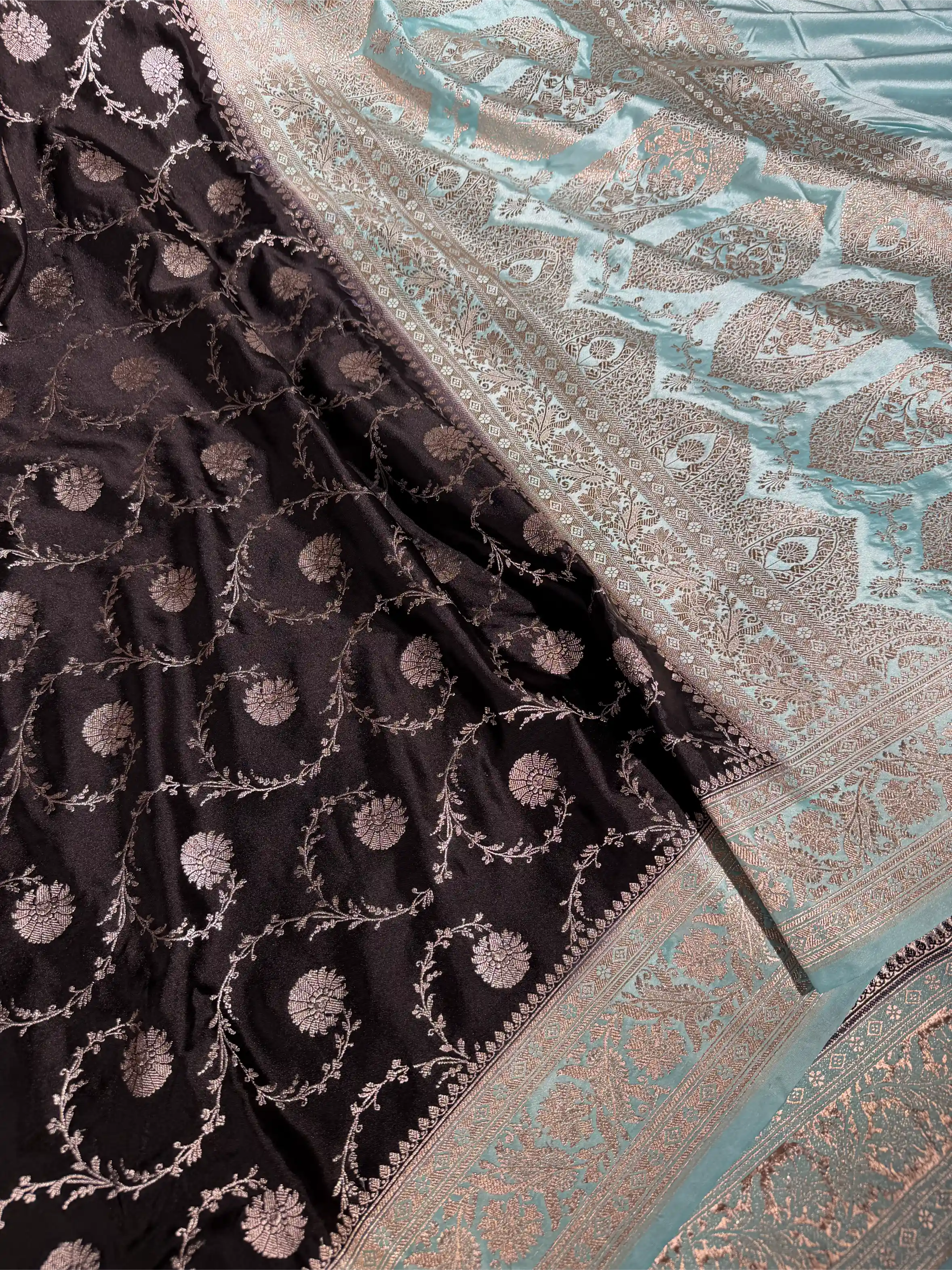 Jet Black Mashru Katan Silk Heritage Banarasi Saree