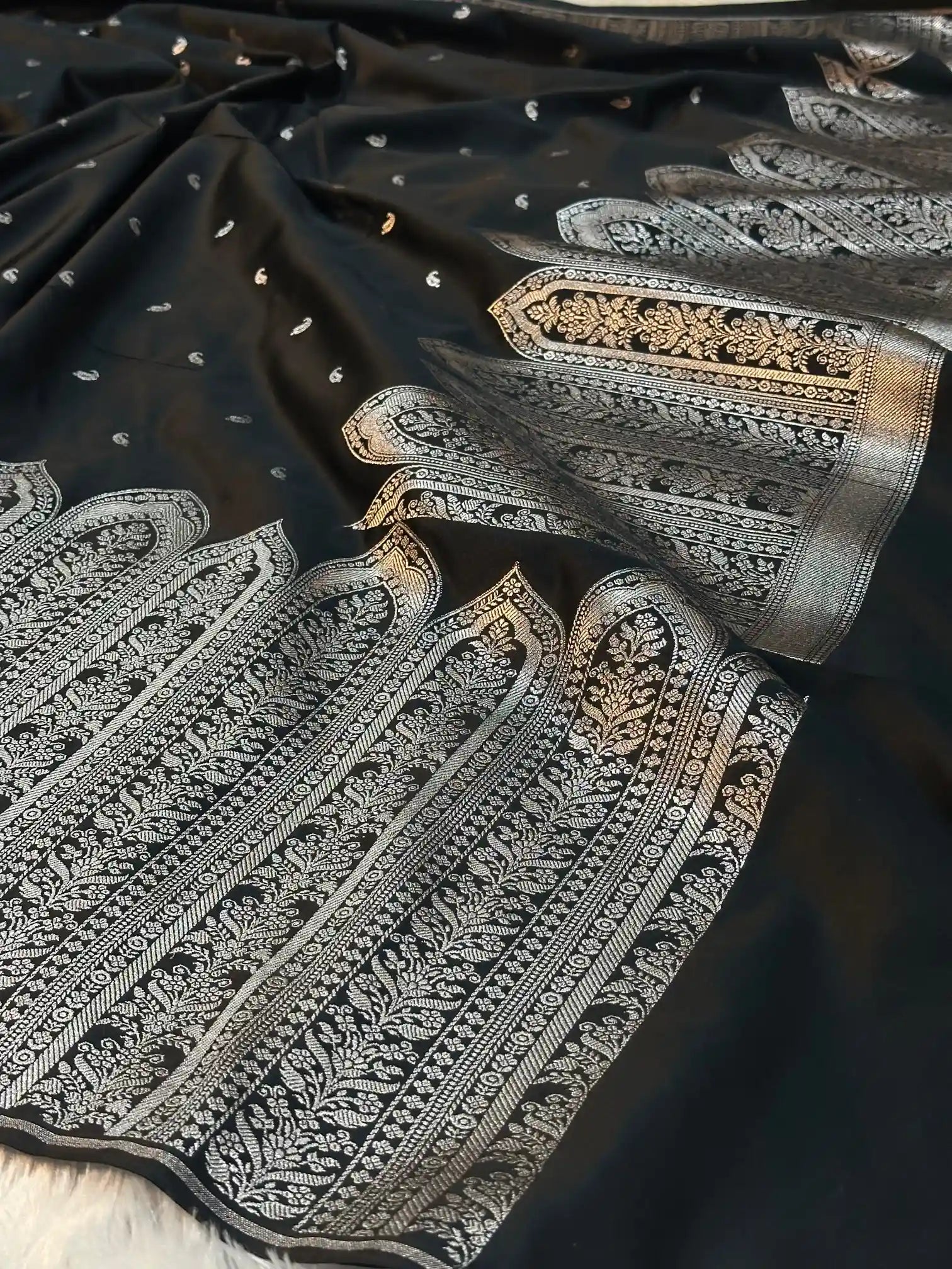 Jet Black Mashru Katan Silk Heritage Weave Banarasi Saree