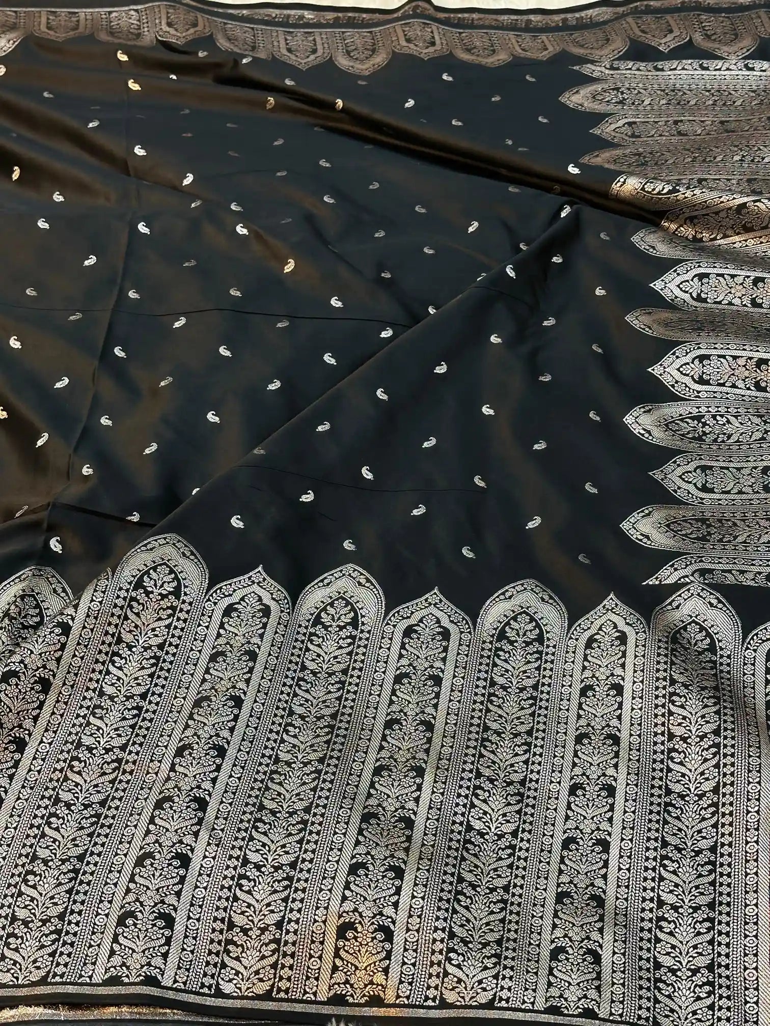 Jet Black Mashru Katan Silk Heritage Weave Banarasi Saree