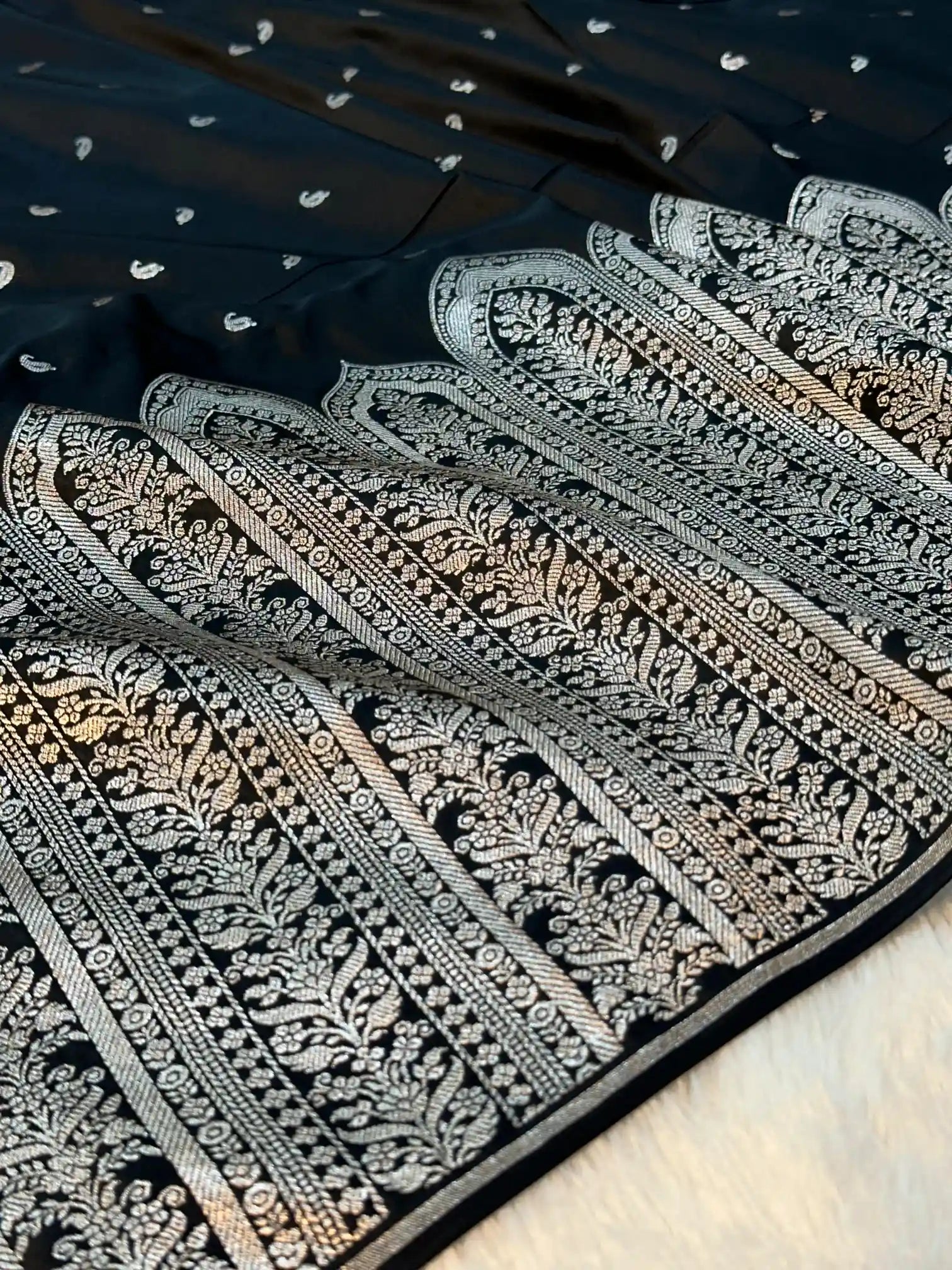 Jet Black Mashru Katan Silk Heritage Weave Banarasi Saree