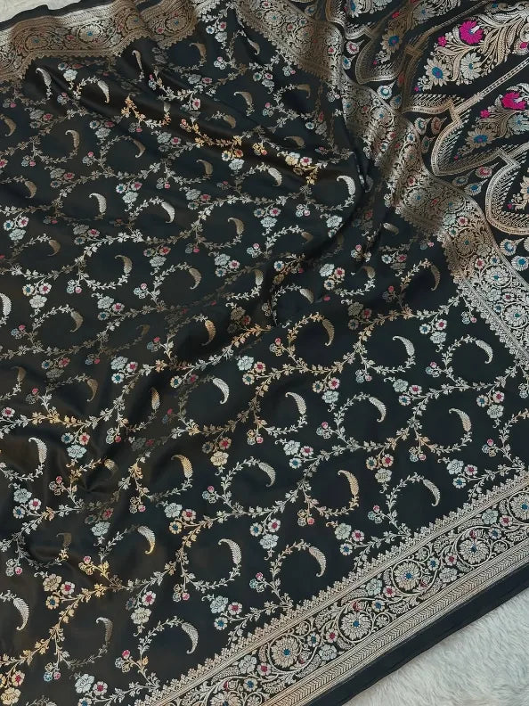 Jet Black Mashru Katan Silk Tilfi Meenakari Weave Banarasi Saree