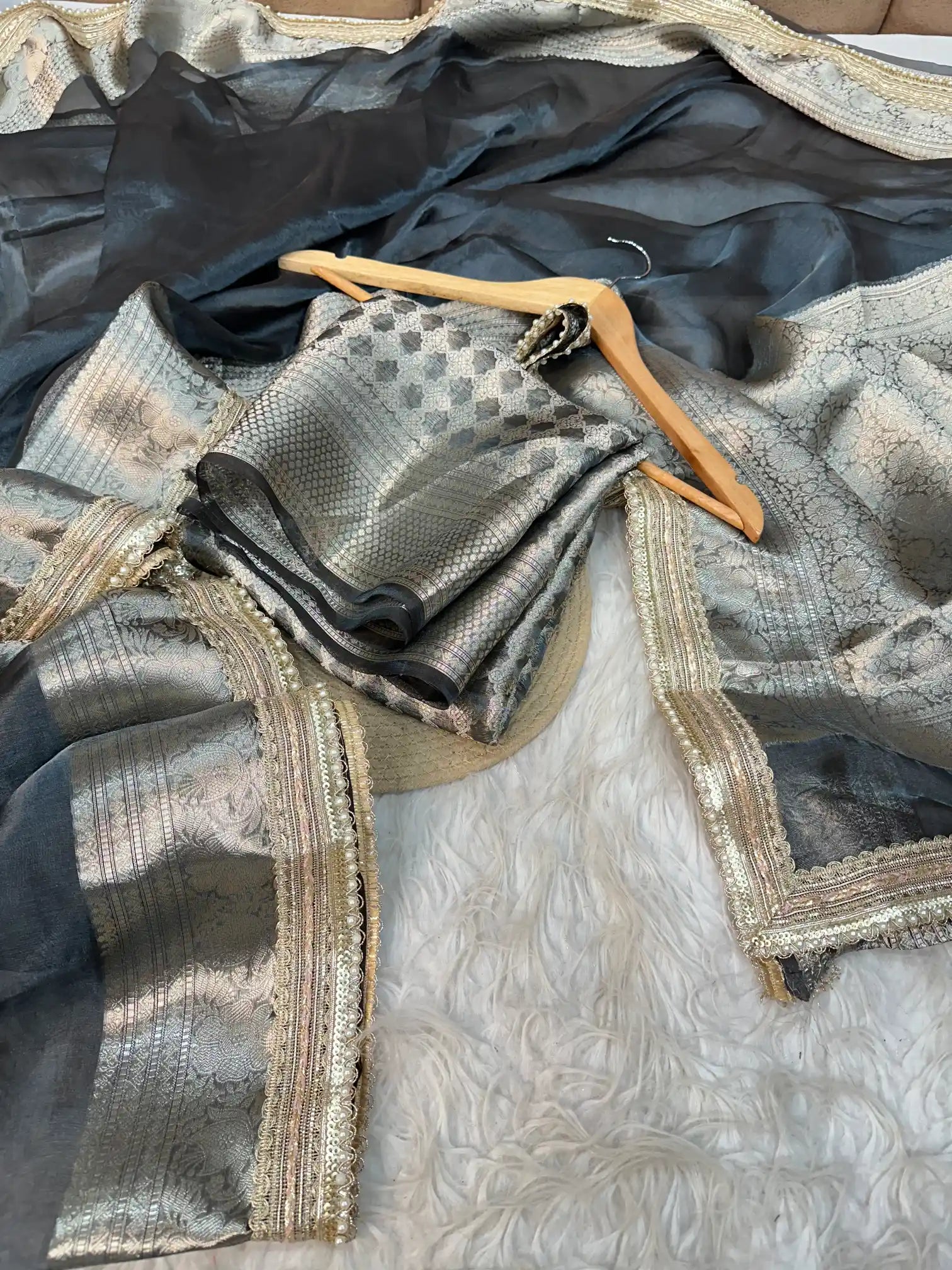 Jet Black Pure Tissue Silk Banarasi Saree with Zari Intricate Floral Border and Pallu