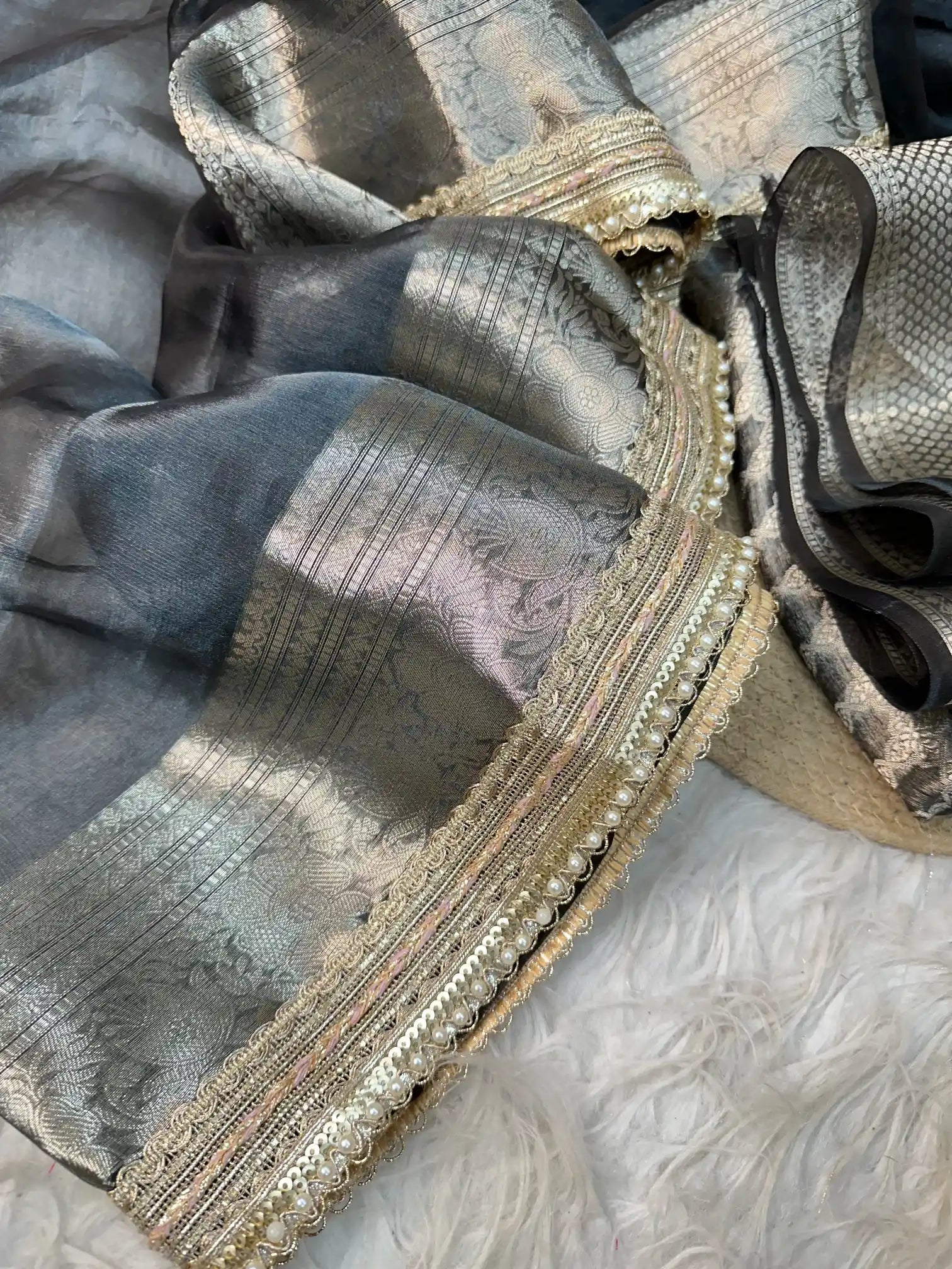 Jet Black Pure Tissue Silk Banarasi Saree with Zari Intricate Floral Border and Pallu