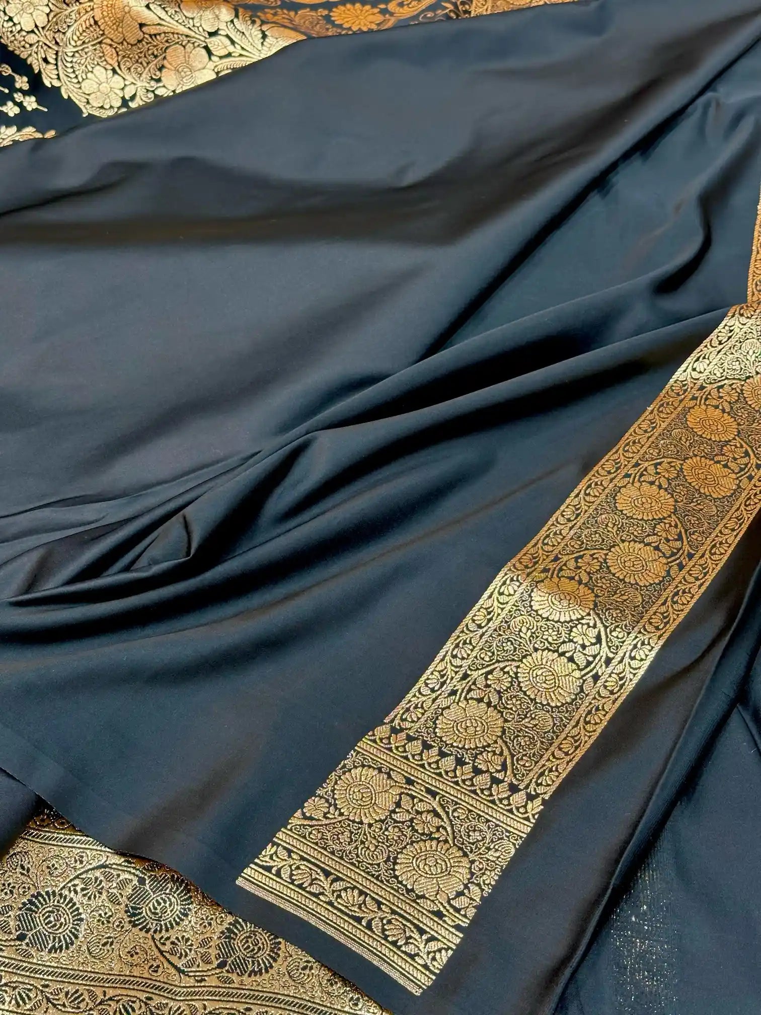 Jet Black Satin Katan Silk Golden Zari Intricate Floral Banarasi Saree