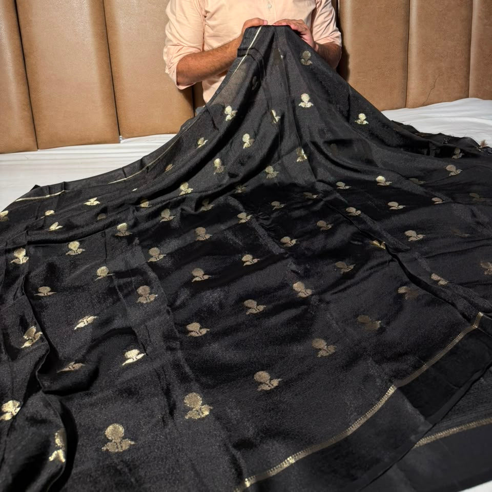 Jet Black Shade Viscose Georgette Banarasi Saree