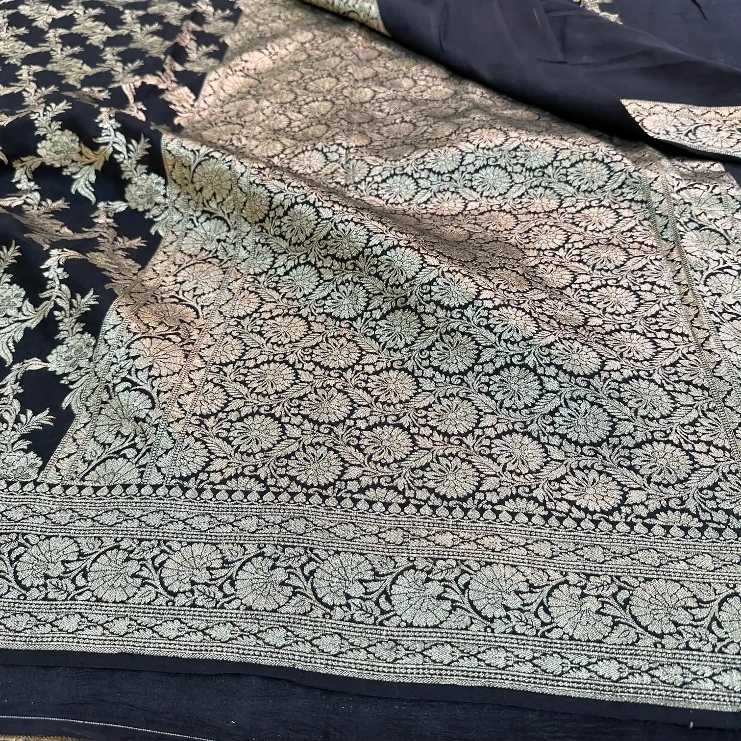 Jet Black Floral Munga Silk Banarasi Saree