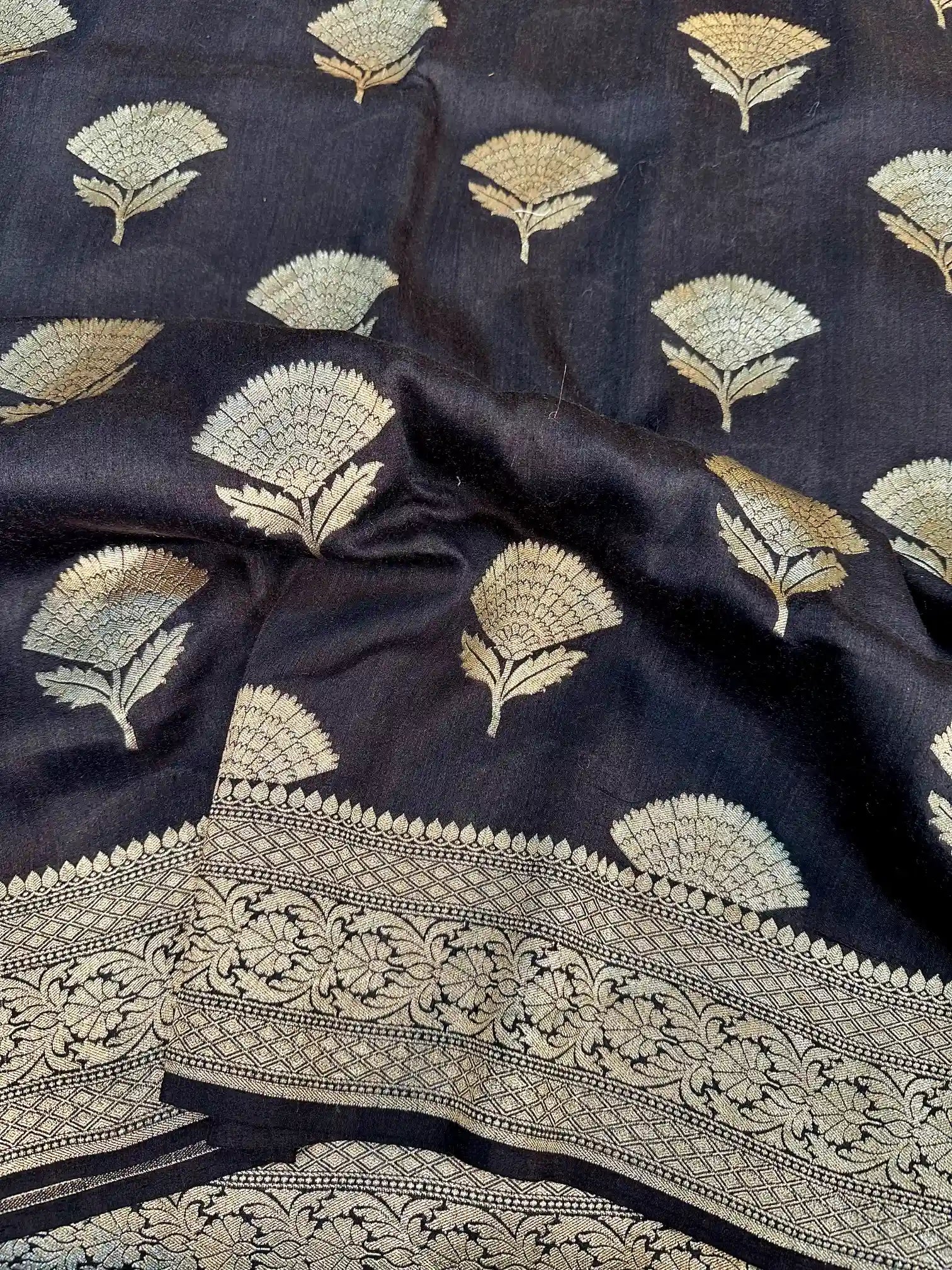 Jet Black Floral Munga Silk Banarasi Saree