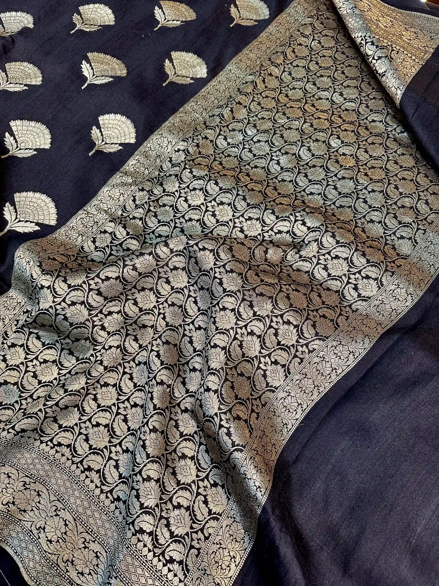 Jet Black Floral Munga Silk Banarasi Saree