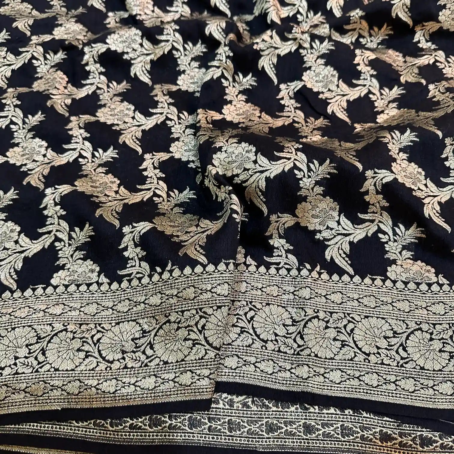 Jet Black Floral Munga Silk Banarasi Saree