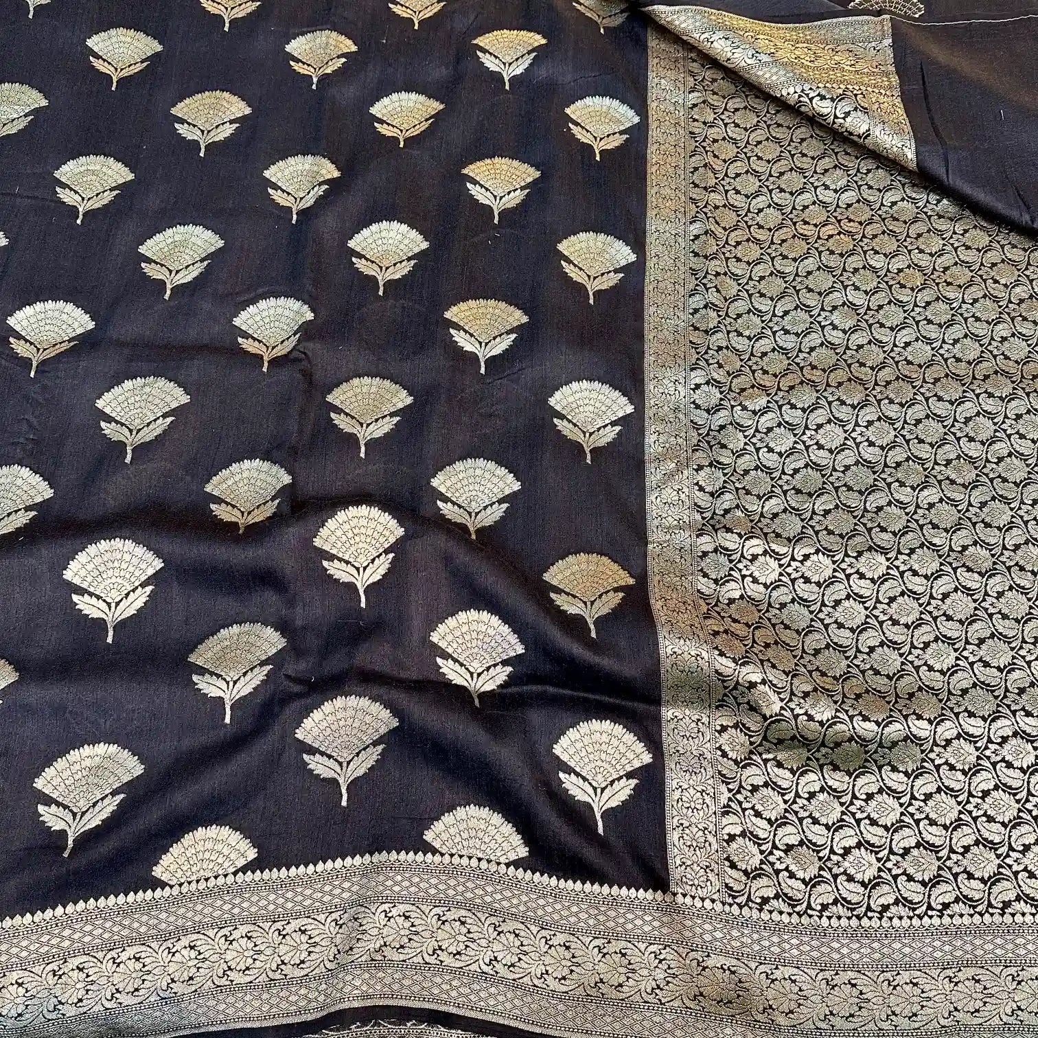 Jet Black Floral Munga Silk Banarasi Saree
