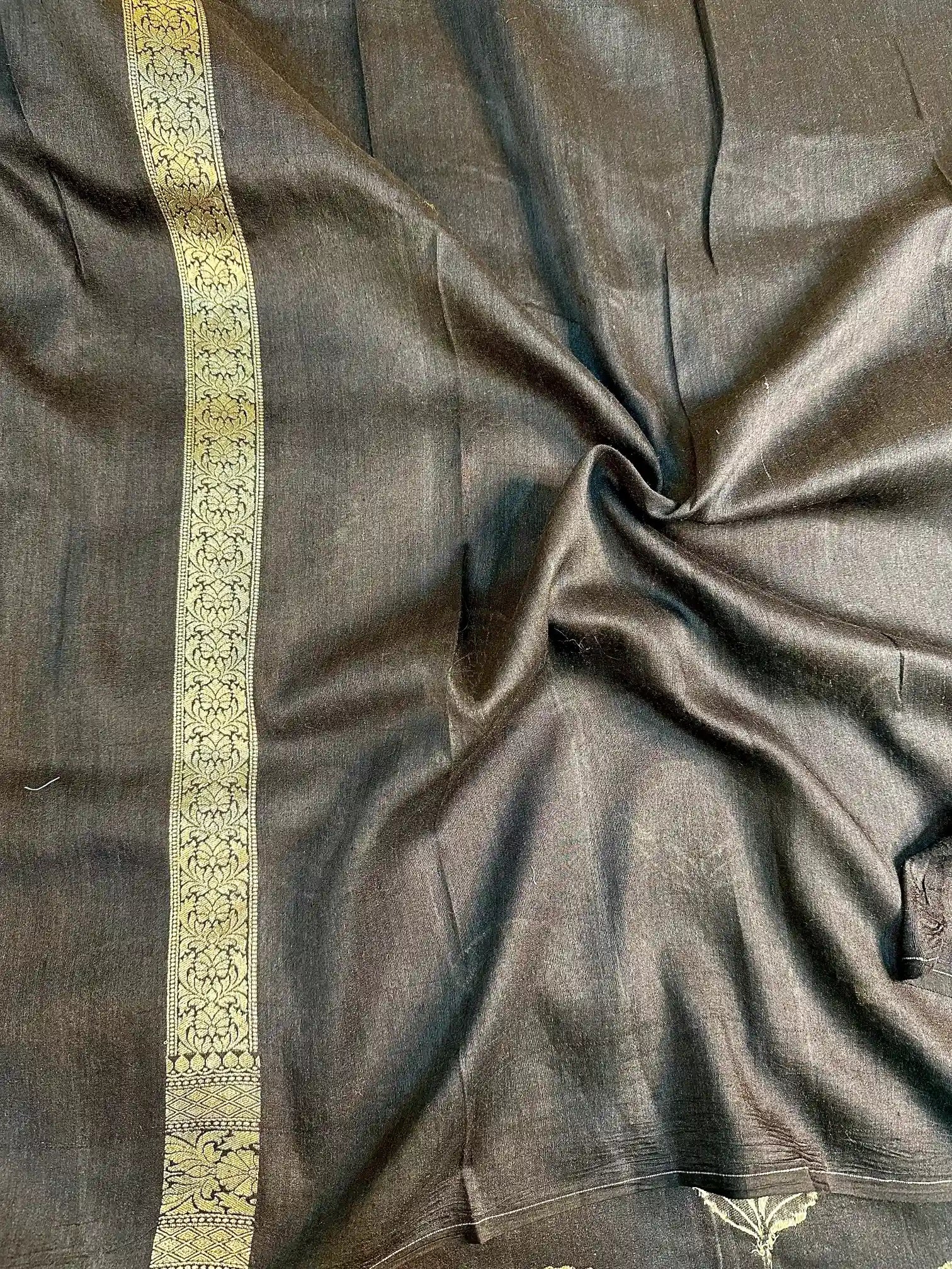 Jet Black Floral Munga Silk Banarasi Saree