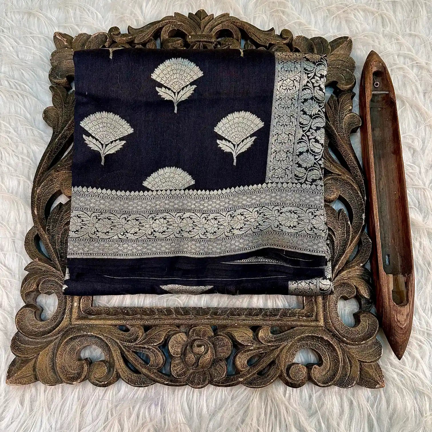 Jet Black Floral Munga Silk Banarasi Saree