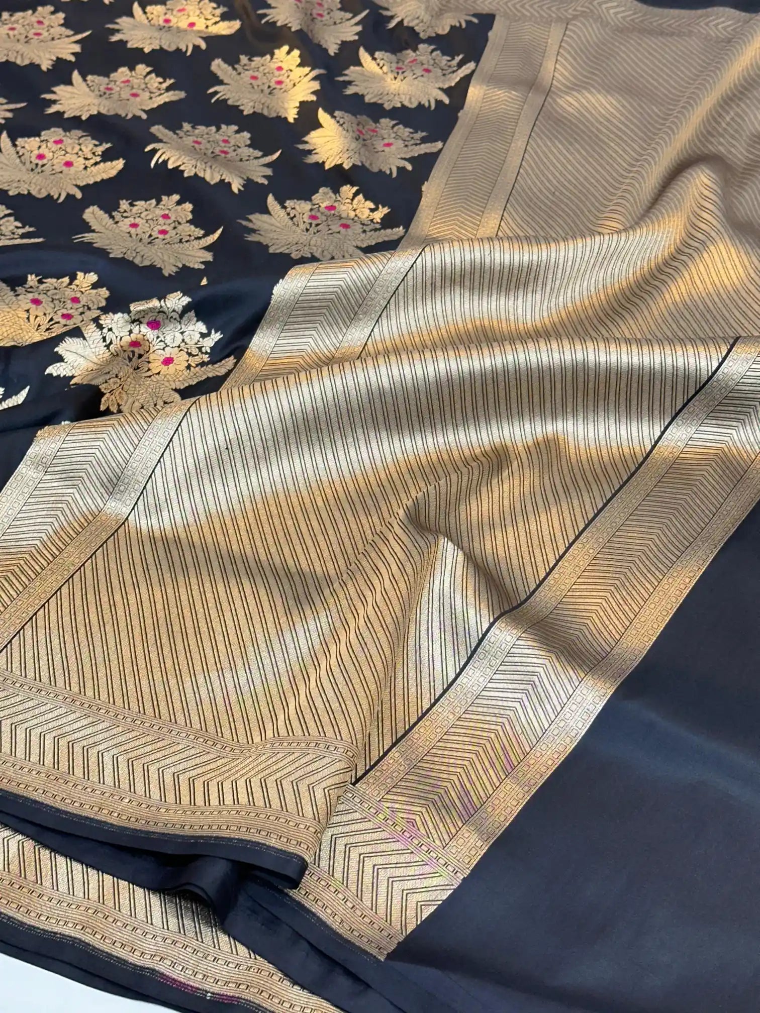Jet black Alfi pure katan silk Banarasi saree