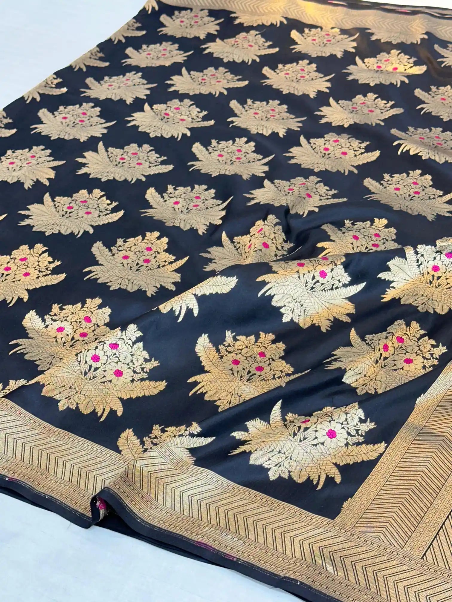 Jet black Alfi pure katan silk Banarasi saree